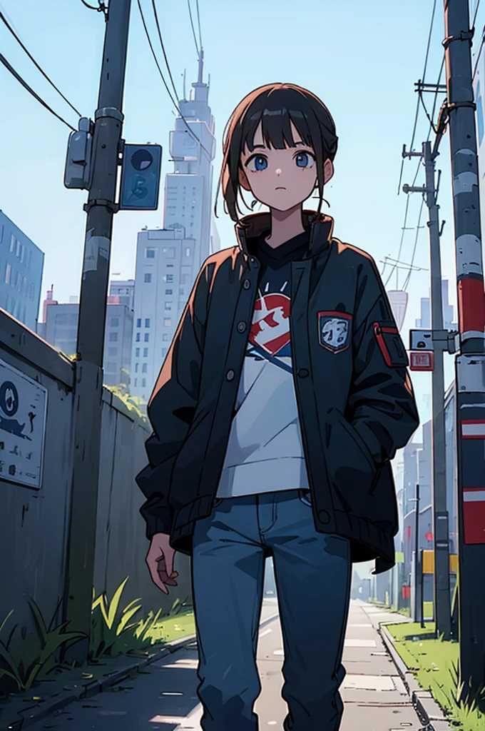 Put your hands in your jacket pockets、Walking、men and women、jeans、the way、Electric pole、We are looking at each other、Two people