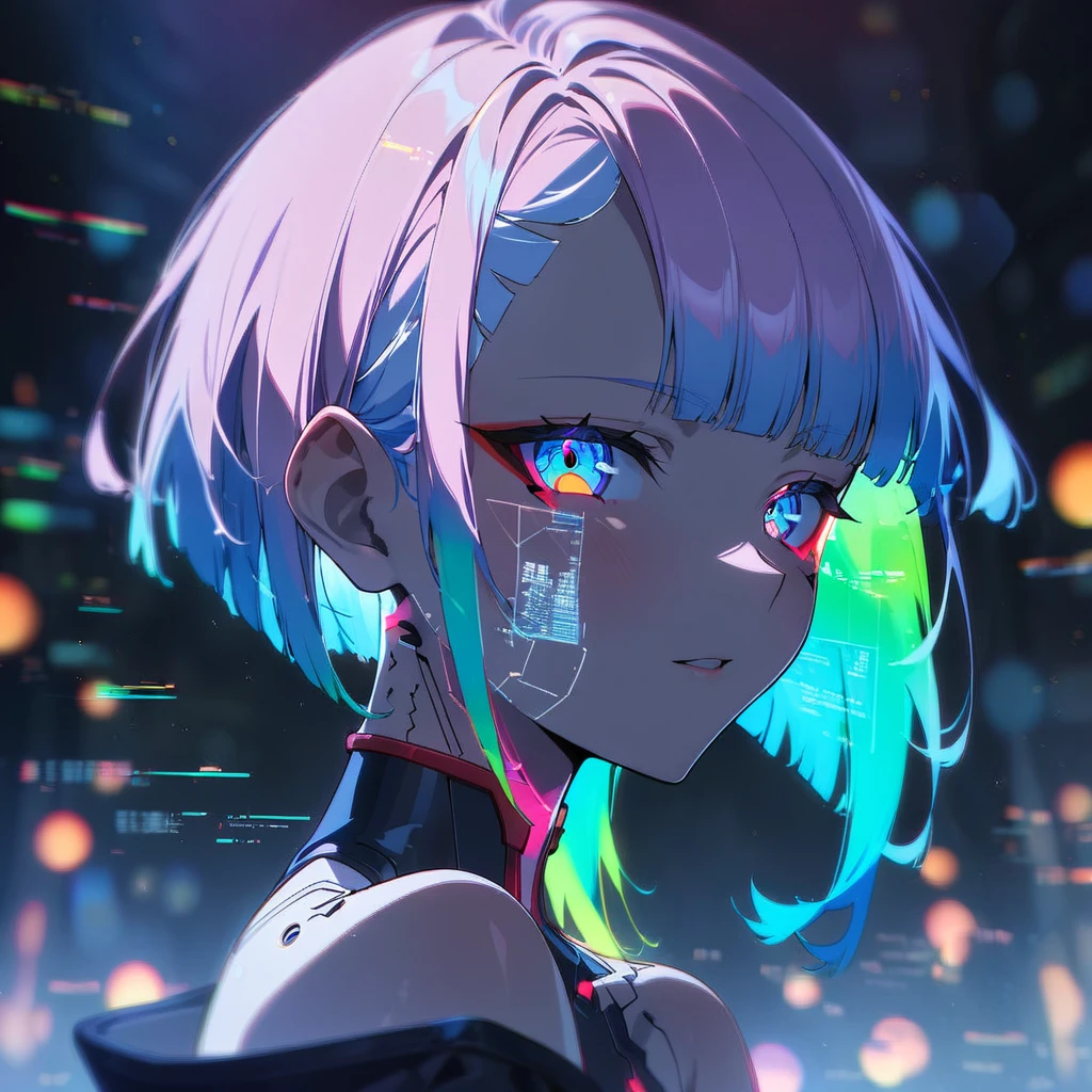 1girl, solo, lucy \(cyberpunk\), cyberpunk \(series\), asymmetrical hair, short hair, blue hair, green hair, pink hair, multicolored hair, blue eyes, eyeliner, eyeshadow, makeup, bare shoulders, portrait, looking at viewer, cyberpunk, hlpr, futuristic, hologram, glitch, holographic face, ui, interface, nodes, particles, depth of field, bokeh, masterpiece, best quality, very aesthetic, absurdres,