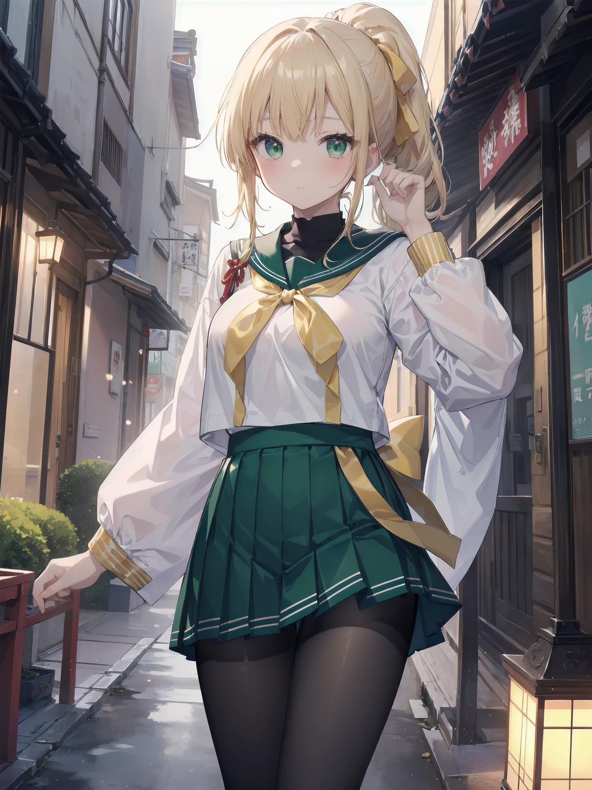Masterpiece, illustration, super detailed, kawaii, one girl, 独奏, slender 14 year old, Japanese girl, chou chou, ribbon, nape of neck, low ponytail, cute pose in Less revealing attire, (green sailor outfit, two gold lines), large gold ribbon, priss skirt, black pantyhose, , Long Sleeves, White innerwear for sailor suit, living room, cowgirl shot, sfw, dynamic angle、Close-up on the characters、(building, city、A dense fog of fluorescent particles、1800Era、Japanese Style、Fiction、grow、Overwhelming、Detailed street)、A beautiful girl with a beautiful background and a super cute pose