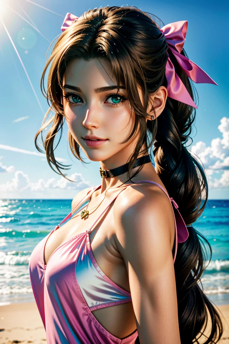 
Aerith,FF7, Long Hair, bangs, Brown Hair, bow, ribbon, jewelry, Green Eyes,  hair ピンクribbon, Braiding, hair bow, Side Lock, choker, necklace, lips, parted bangs, pink bow, Portraiture, Realistic,Super high quality,high quality,masterpiece,Digital SLR,Detailed explanation,Exquisite details,Anatomical basis,Detailed Description,Detailed face,Realistic skin texture,Sharp details,Perfect Anatomy,Perfect Anatomy,Anatomically correct hand,Anatomically correct fingers,Super Detail,Complex 3D rendering,Sexy pose,The beautiful world of Final Fantasy 7,Pink ruffled swimsuit,Wet,Beautiful blue sky,Beautiful beaches,Fantastic beaches,shooting star,Fantasy worldview,Picturesque,Pink Lips,smile,Brighten up your expression,