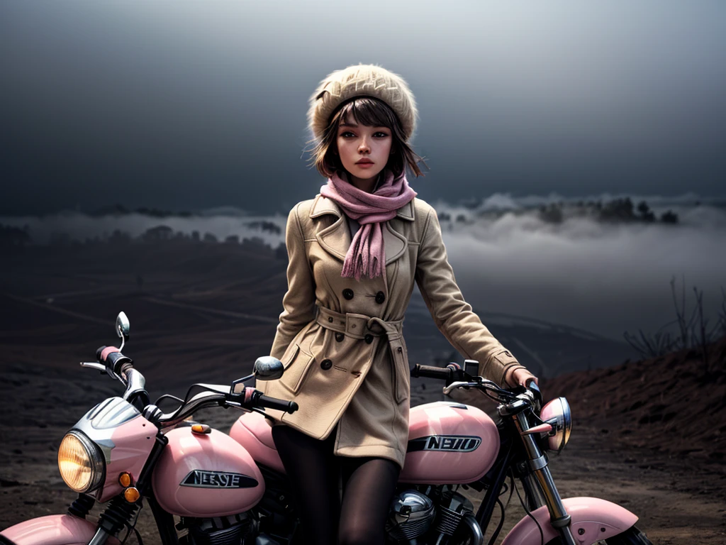 masterpiece, highest quality, (solo focus), (perfect face:1.1), (high detail:1.1), 1girl, brown hair, blue eyes, (pink, cream, and brown clothes), large scarf, ((cream pea coat)), brown short skirt, (((pink newsboy hat))), detailed background, wasteland, leaning on motorcycle, heavy fog, eerie cityscape, cinematic lighting
