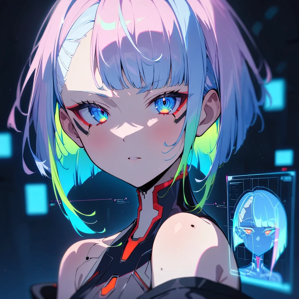 1 girl, One, Lucy \(cyberpunk\), cyberpunk \(row\), Asymmetrical Hair, short hair, blue hair, green hair, pink hair, multicolored hair, Blue eyes, Eyeliner, eyeshadow, draw up, bare shoulders, portrait, I look at the viewer, cyberpunk, hlpr, Futuristic, hologram, failure, holographic face, пользовательский interface, interface, Nodes, particles, depth of field, hips, masterpiece, Best quality, very aesthetic, absurdity,