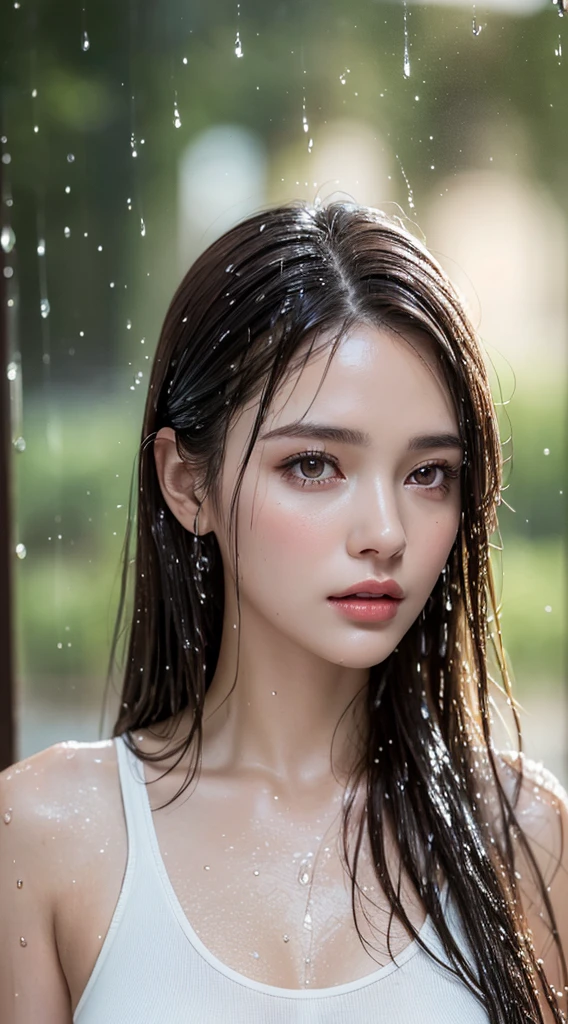 (Highest quality, 4K, masterpiece :1.3), Beautiful woman, One Girl, sexy :1.1, Dark brown hair: 1.1, (It rained and I got wet, raindrop, Wet body :1.2), White tank top, Highly detailed face, Detailed lips, Detailed eyes, double eyelid