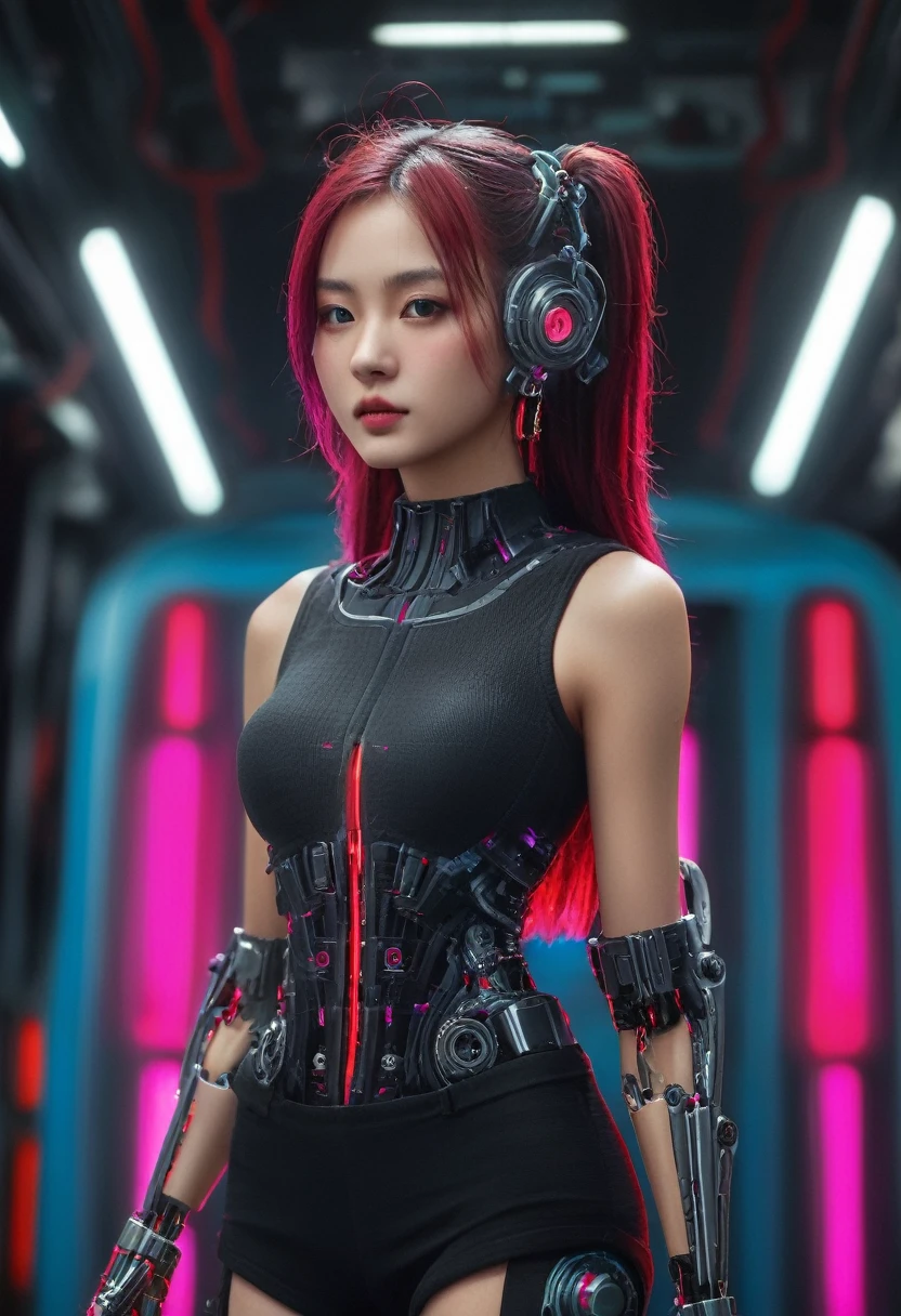 xxmixgirl. Highly detailed professional 35mm film, bokeh, face in sharp focus. A robotic female, Miku, with ((metal skin)), ((perfect Asian eyes)) with magenta irises and ((black pupils)), beautiful serious (detailed face), 18 year old ((photorealistic face)), very long magenta twin tails of magenta hair, twin black hair ties with a single red stripe. She may have a black audio headpiece. We can see her ((full body)) down to her boot soles. Her outfit is a sleeveless collared light grey shirt, outlined in red around the frilled collar and hems. Shiny reflective ((metallic breast cups, dimpleless)), invisible nipples. She wears black sleeves with red hems that start around her upper arm and bellow out as the sleeves open and extend to her wrists, with wide trumpet red rimmed cuffs. She has perfect robotic (detailed hands). She wears a red colored tie with two horizontal solid parallel black lines halfway across. She wears a fabric black skirt with a horizontal red hem at the bottom all the way around; her (((black skirt wraps around her))) and ((her skirt completely covers)) her robotic waist and thighs. Tall black boots with red bottom soles, a red rim around the top at her thighs. Her mechanical shoulder joints are visible. We can see her robotic legs and robotic neck. Half of her is covered with shiny polished machinery. The background is a distant dark neon futuristic Japanese city, gold, cyan, violet neon, near harbor or mountains.