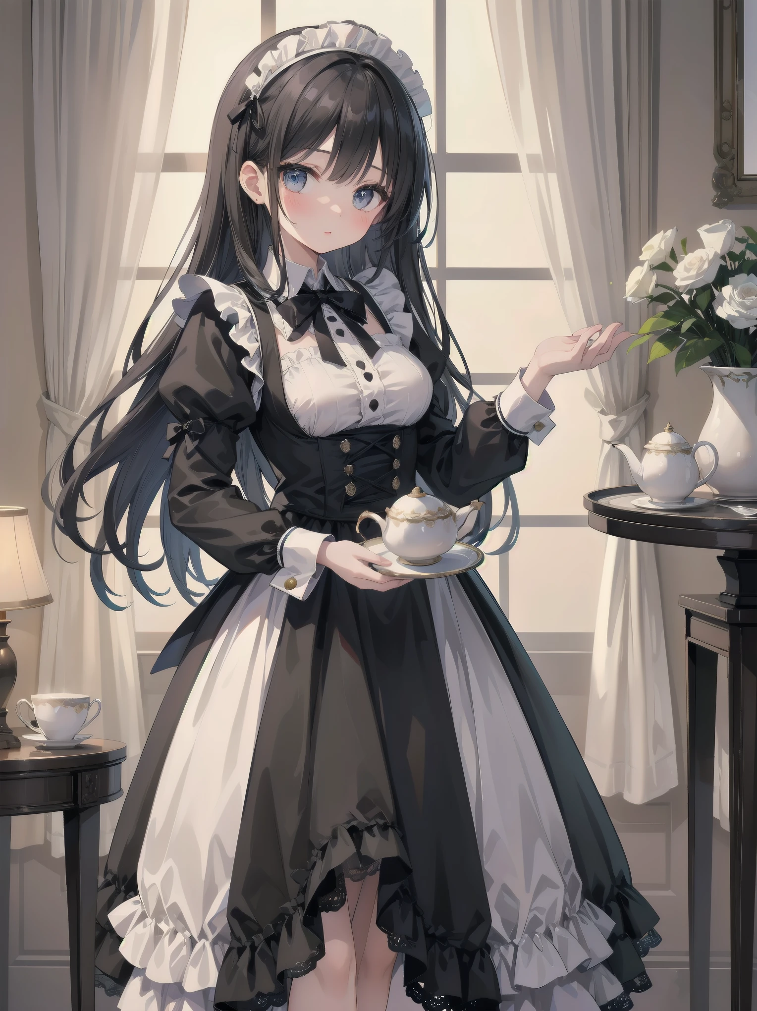 Illustration of a beautiful girl in a cute pose,(Masterpiece: 1.2), (Best quality: 1.2), A cute girl with long black hair, dressed in a classic black and white maid outfit with frilly lace and a matching headband, is standing in a beautifully decorated Victorian-style parlor. She is holding a silver tray with a teapot and teacup, her expression a mix of professionalism and warmth. The background includes ornate furniture, a chandelier, and large windows with heavy drapes, all bathed in soft afternoon light. This illustration emphasizes the elegant and welcoming atmosphere of a high-class tea service