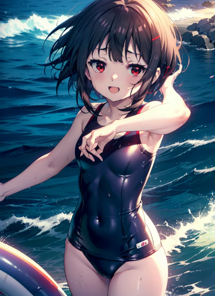 konosubaMegumin, Megumin, short hair, Black Hair, (Red eyes:1.3), short hair with long locks,happy smile,smile, Open your mouth, School Swimsuit,Water Play,Wet Hair,Wet Skin,Wet swimsuit,whole bodyがイラストに入るように,True Summer,Clear skies,Daytime, 　　　　　　　　　　　　　　　break outdoor, Beach,Sandy Beach, 　　　　　　　　　　　　　　break looking at viewer, whole body, (Cowboy Shot:1. 5),　　　　　　　　　　　　　　　　　　　break (masterpiece:1.2), Highest quality, High resolution, unity 8k wallpaper, (figure:0.8), (Beautiful attention to detail:1.6), Highly detailed face, Perfect lighting, Highly detailed CG, (Perfect hands, Perfect Anatomy),