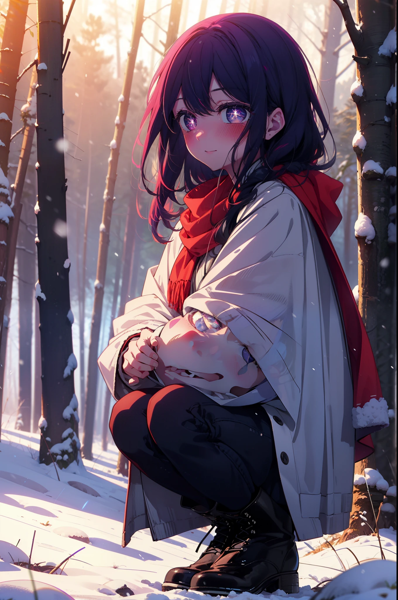 aihoshino, Ai Hoshino, Long Hair, bangs, (Purple eyes:1.1), Purple Hair, (Symbol-shaped pupil:1.5), smile,,smile,blush,white breath,
Open your mouth,snow,Ground bonfire, Outdoor, boots, snowing, From the side, wood, suitcase, Cape, Blurred, , forest, White handbag, nature,  Squat, Mouth closed, Cape, winter, Written boundary depth, Black shoes, red Cape break looking at viewer, Upper Body, whole body, break Outdoor, forest, nature, break (masterpiece:1.2), Highest quality, High resolution, unity 8k wallpaper, (shape:0.8), (Beautiful and beautiful eyes:1.6), Highly detailed face, Perfect lighting, Highly detailed CG, (Perfect hands, Perfect Anatomy),