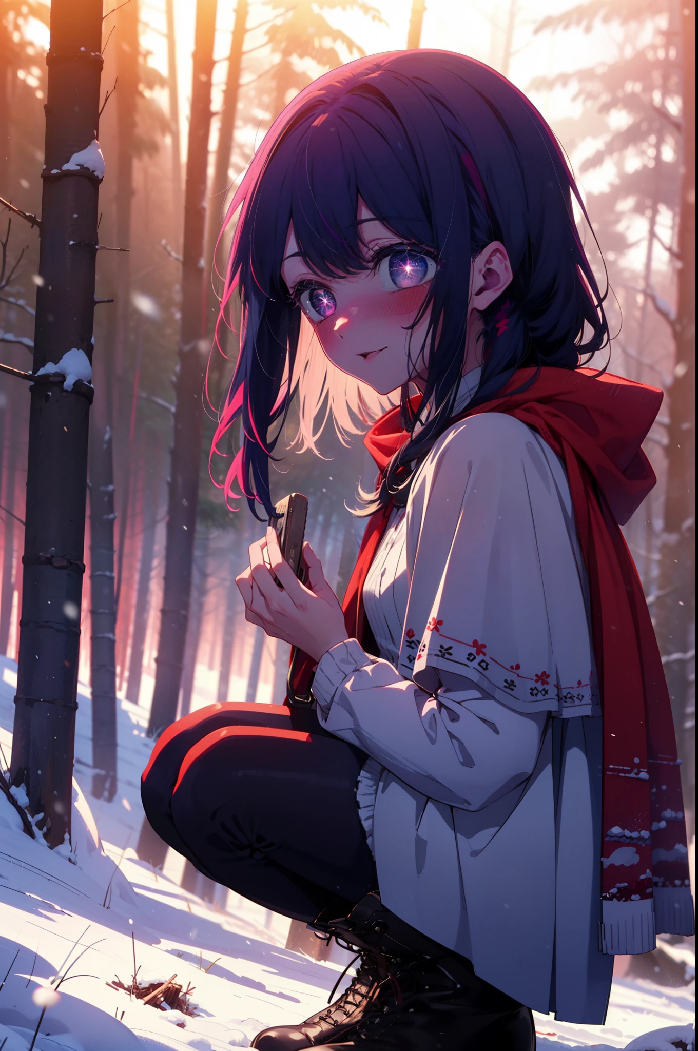 aihoshino, Ai Hoshino, Long Hair, bangs, (Purple eyes:1.1), Purple Hair, (Symbol-shaped pupil:1.5), smile,,smile,blush,white breath,
Open your mouth,snow,Ground bonfire, Outdoor, boots, snowing, From the side, wood, suitcase, Cape, Blurred, , forest, White handbag, nature,  Squat, Mouth closed, Cape, winter, Written boundary depth, Black shoes, red Cape break looking at viewer, Upper Body, whole body, break Outdoor, forest, nature, break (masterpiece:1.2), Highest quality, High resolution, unity 8k wallpaper, (shape:0.8), (Beautiful and beautiful eyes:1.6), Highly detailed face, Perfect lighting, Highly detailed CG, (Perfect hands, Perfect Anatomy),