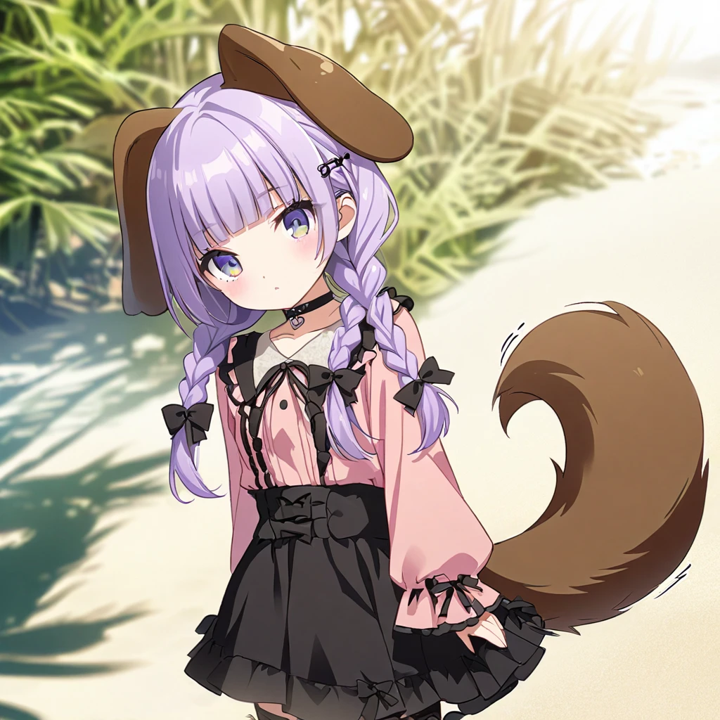 (Cute a girl:1.5), (a girl with closs hair pin, pale purple hair, wavy two braids, blunt bangs hair, green and black eyes, closs hair pin,
pink shirt,cosplay, jirai kei, bangs, black skirt, black bow, looking at viewer, bow, long sleeves, choker, ribbon, with brown dog ears,:1.4), anime visual, (tilt head:1.3), realistic lighting and shading, (an extremely delicate and beautiful art:1.3),From behind, looking back and wagging its tail.cowboy shot,Sandy Beach,outdoor,