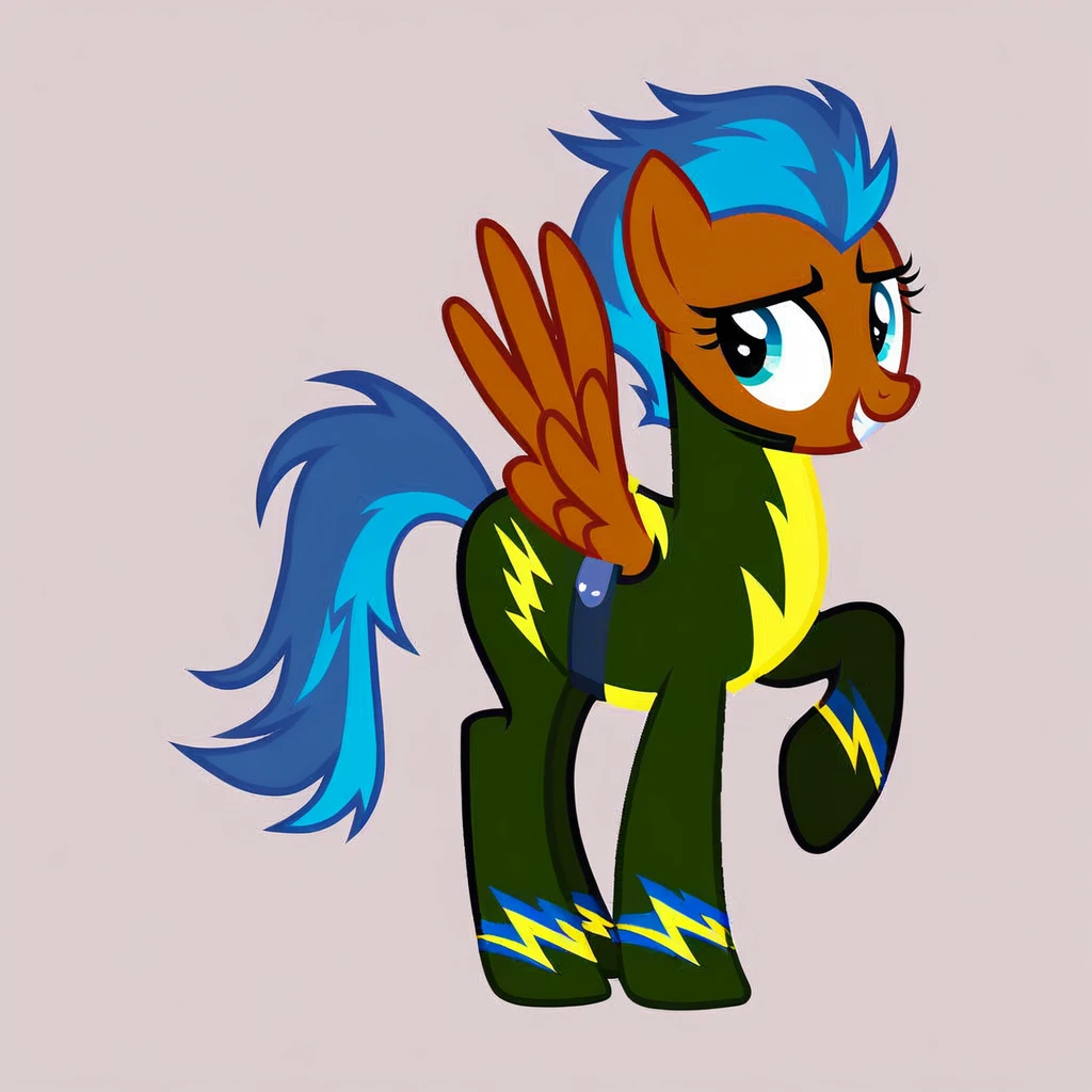 score_9, score_8_up, score_7_up, score_6_up, score_5_up, score_4_up, show accurate, full body, simple background, feral pony, female pony, cute appearance, competitive look, cutiemarck of a cloud with lightning, pegasus, wearing the Wounderbolts uniform, original character