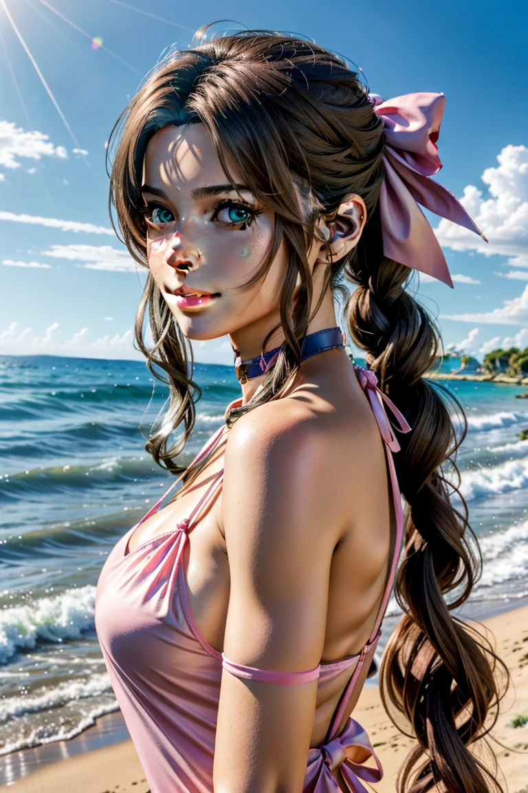 
Aerith,FF7, Long Hair, bangs, Brown Hair, bow, ribbon, jewelry, Green Eyes,  hair ピンクribbon, Braiding, hair bow, Side Lock, choker, necklace, lips, parted bangs, pink bow, Portraiture, Realistic,Super high quality,high quality,masterpiece,Digital SLR,Detailed explanation,Exquisite details,Anatomical basis,Detailed Description,Detailed face,Realistic skin texture,Sharp details,Perfect Anatomy,Perfect Anatomy,Anatomically correct hand,Anatomically correct fingers,Super Detail,Complex 3D rendering,Sexy pose,The beautiful world of Final Fantasy 7,Pink ruffled swimsuit,Wet,Beautiful blue sky,Beautiful beaches,Fantastic beaches,shooting star,Fantasy worldview,Picturesque,Pink Lips,smile,Brighten up your expression,