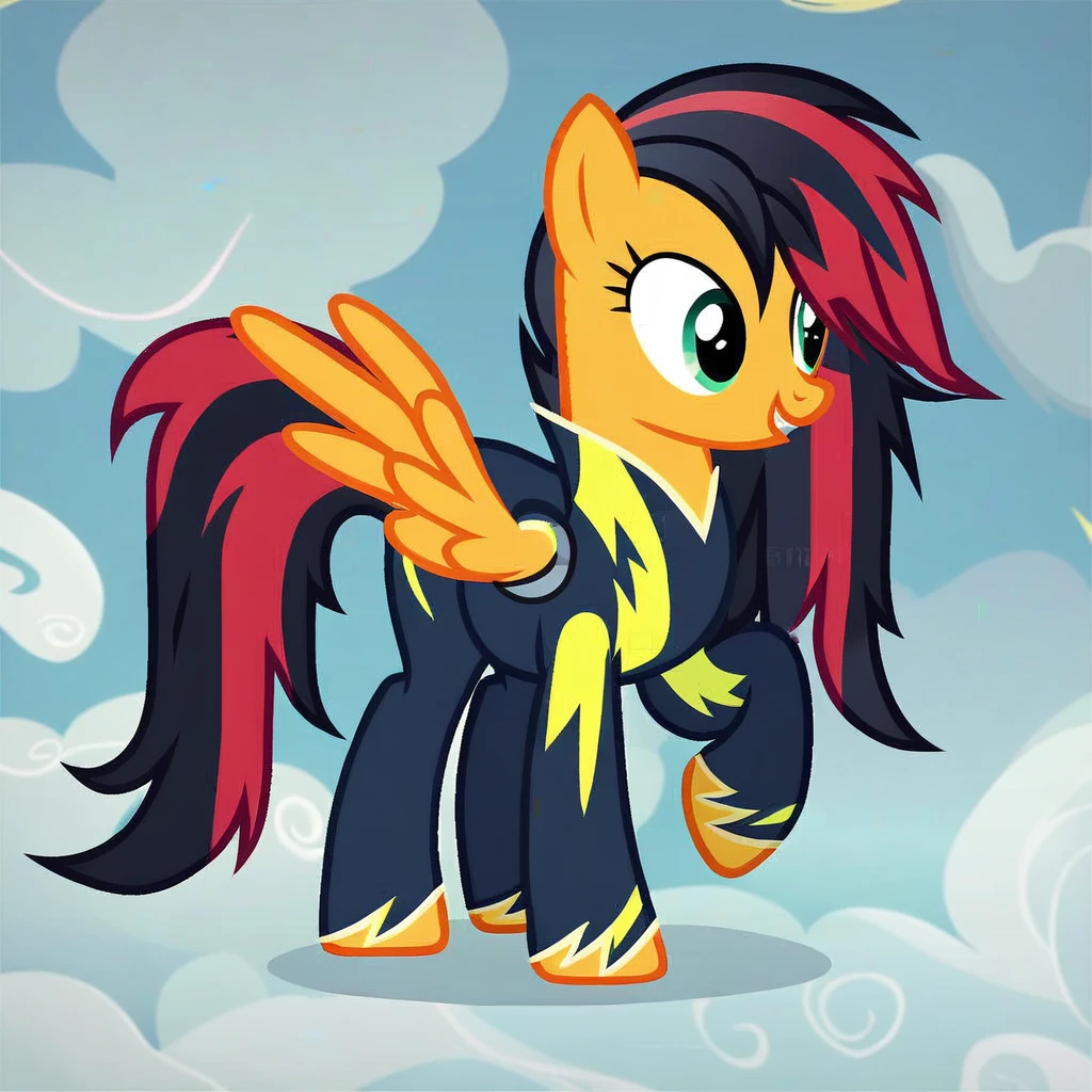 score_9, score_8_up, score_7_up, score_6_up, score_5_up, score_4_up, show accurate, full body, simple background, feral pony, female pony, cute appearance, competitive look, cutiemarck of a cloud with lightning, pegasus, wearing the Wounderbolts uniform, original character