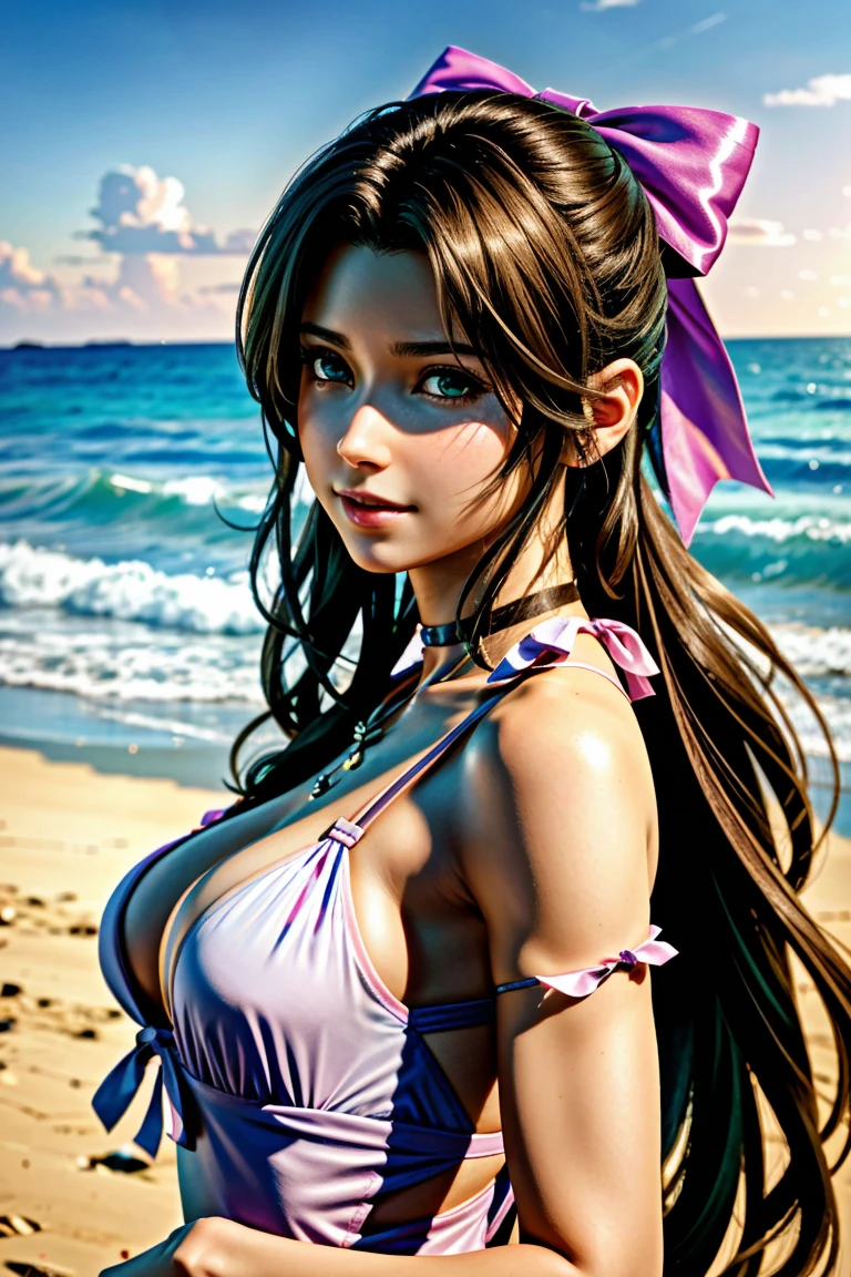 
Aerith,FF7, Long Hair, bangs, Brown Hair, bow, ribbon, jewelry, Green Eyes,  hair ピンクribbon, Braiding, hair bow, Side Lock, choker, necklace, lips, parted bangs, pink bow, Portraiture, Realistic,Super high quality,high quality,masterpiece,Digital SLR,Detailed explanation,Exquisite details,Anatomical basis,Detailed Description,Detailed face,Realistic skin texture,Sharp details,Perfect Anatomy,Perfect Anatomy,Anatomically correct hand,Anatomically correct fingers,Super Detail,Complex 3D rendering,Sexy pose,The beautiful world of Final Fantasy 7,Pink ruffled swimsuit,Wet,Beautiful blue sky,Beautiful beaches,Fantastic beaches,shooting star,Fantasy worldview,Picturesque,Pink Lips,smile,Brighten up your expression,