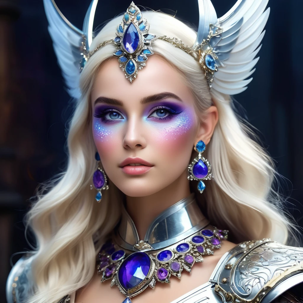 Create a digital portrait of an elven woman with long, flowing white hair and piercing violet eyes. She has pronounced, pointed ears and a sophisticated facial structure with full lips. The character wears intricate, dark armor with spiky pauldrons, adorned with purple gemstones. A detailed, ornate choker with a pendant graces her neck, and she wears matching jeweled earrings. The background features glowing blue vertical elements, creating a mystical atmosphere. The overall style should blend anime and realistic elements, with a soft, slightly hazy quality to the image. Use a color palette dominated by cool tones - blues, purples, and silvery whites - with touches of gold in the armor details. The lighting should be dramatic, highlighting the character's ethereal beauty and the metallic sheen of her armor.