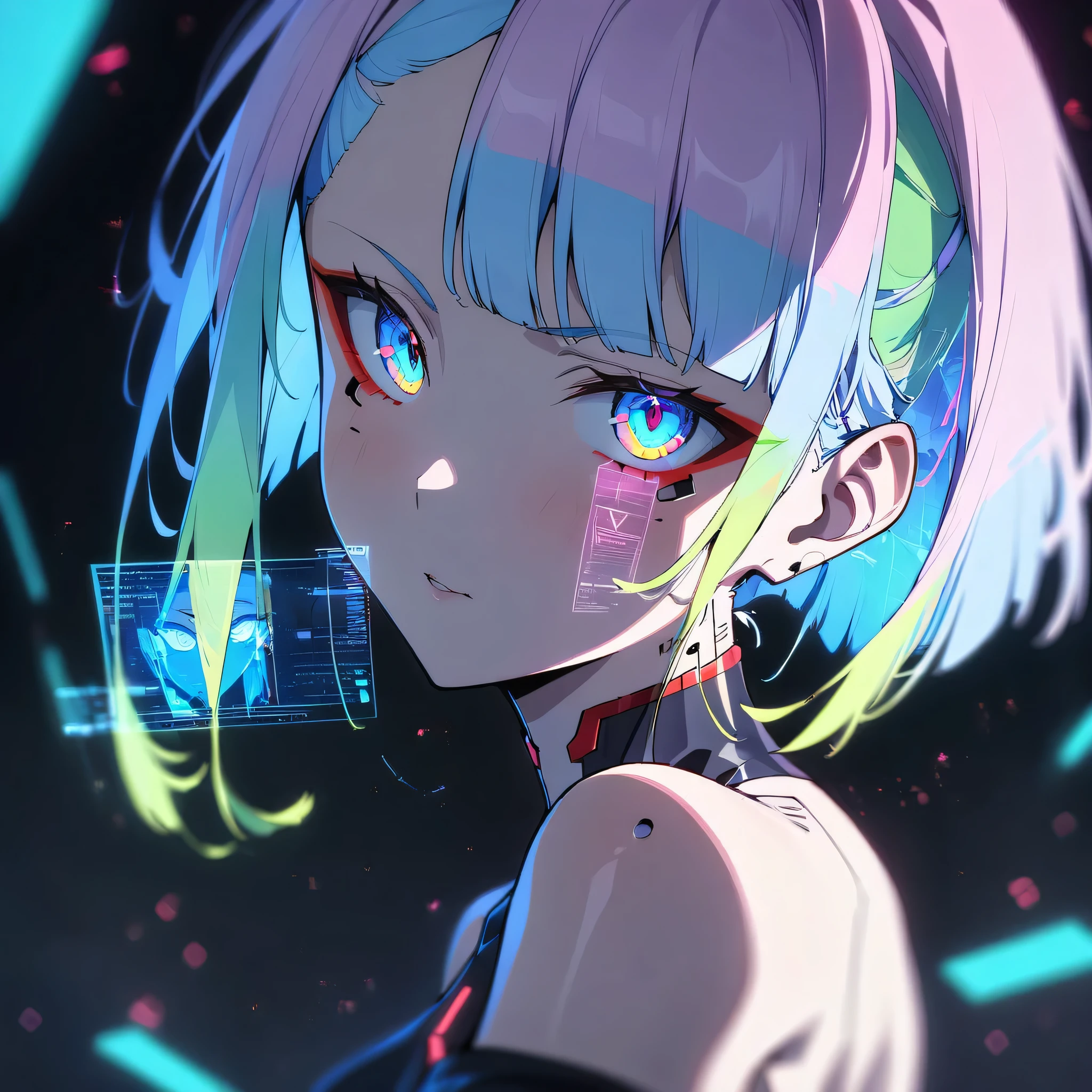 1 girl, One, Lucy \(cyberpunk\), cyberpunk \(row\), Asymmetrical Hair, short hair, blue hair, green hair, pink hair, multicolored hair, Blue eyes, Eyeliner, eyeshadow, draw up, bare shoulders, portrait, I look at the viewer, cyberpunk, hlpr, Futuristic, hologram, failure, holographic face, пользовательский interface, interface, Nodes, particles, depth of field, hips, masterpiece, Best quality, very aesthetic, absurdity, 