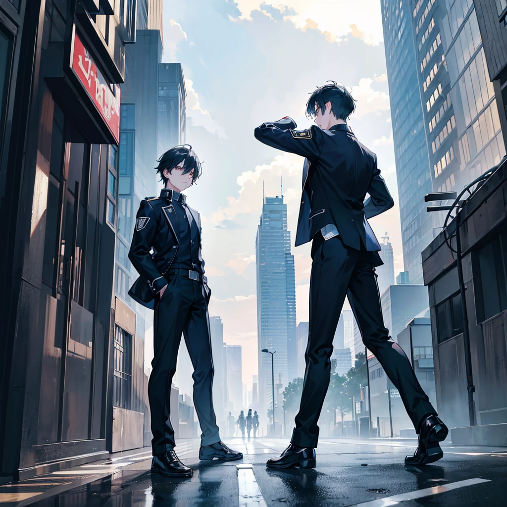"two young boys, each one with a different , They face each other in a fight on an urban street. One of them wears a black jacket uniform with gray pants., while the other wears a white shirt and a blue jacket with dark pants. They both have determined expressions and are in combat positions., with raised fists and intense looks. The scene takes place on a street lined with buildings., with graffiti and a cloudy sky, adding a dramatic touch to the moment. Uniforms and poses should reflect their personalities and attitudes, clearly differentiating them."