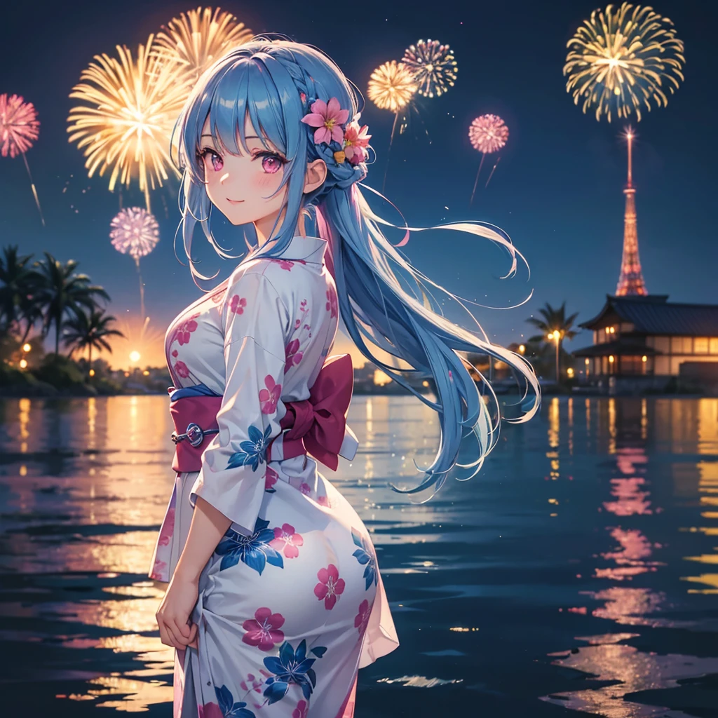 Sky Blue Medium Hair, (Braided hair),(Pink Eyes),Fair skin ,(whole body),(1 girl)、Floral Yukata、summer night、Fireworks on the lake、Big fireworks、A happy smile、Straight bangs,(masterpiece, Highest quality, Very detailed, Best Shadow), (Detailed Background), (Beautifully detailed face), High Contrast, (Best lighting, Very delicate and beautiful), ((Cinematic Light)), colorful, Hyper Detail 8k, Dramatic Light, Intricate details,Fireworks light reflected on the water