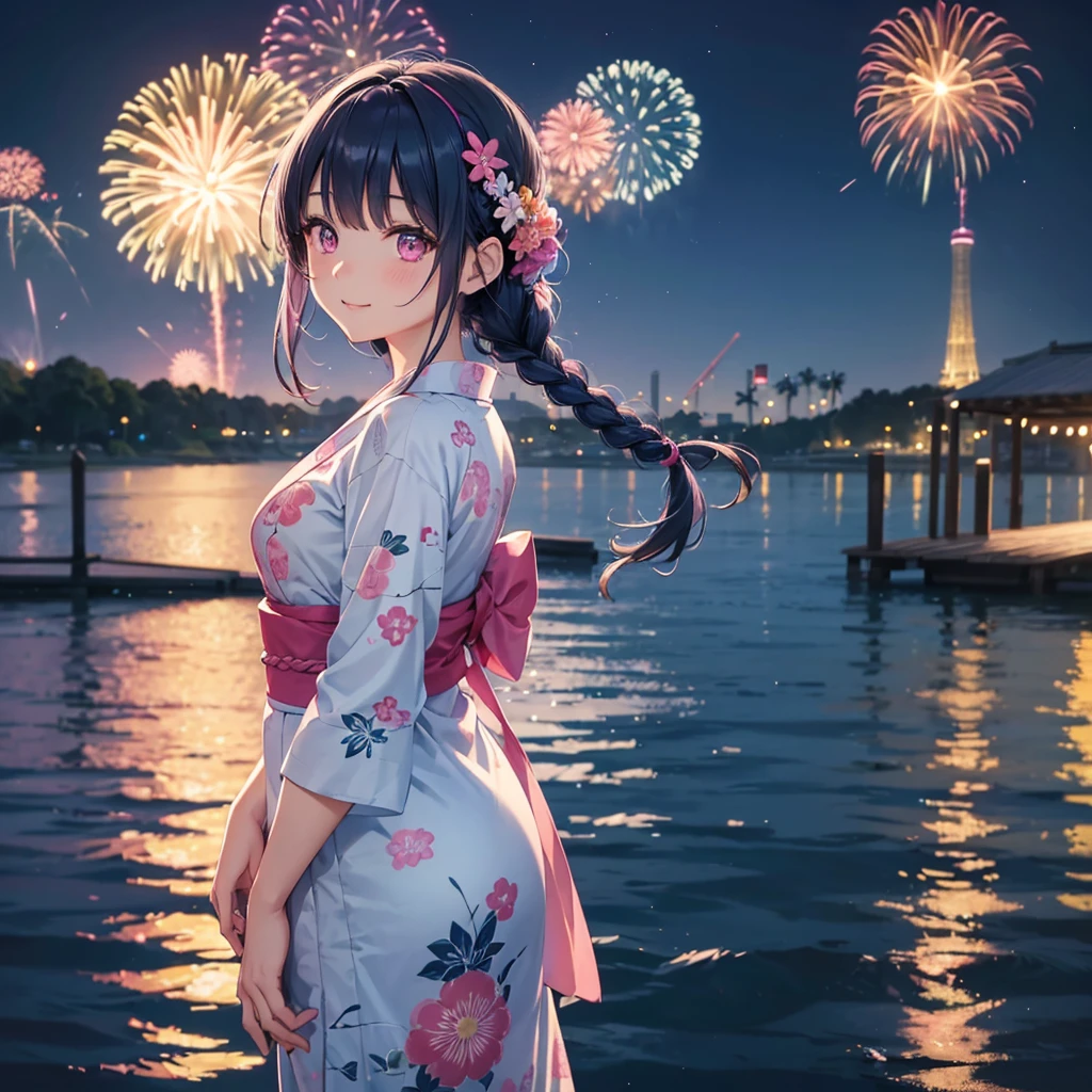 Sky Blue Medium Hair, (Braided hair),(Pink Eyes),Fair skin ,(whole body),(1 girl)、Floral Yukata、summer night、Fireworks on the lake、Big fireworks、A happy smile、Straight bangs,(masterpiece, Highest quality, Very detailed, Best Shadow), (Detailed Background), (Beautifully detailed face), High Contrast, (Best lighting, Very delicate and beautiful), ((Cinematic Light)), colorful, Hyper Detail 8k, Dramatic Light, Intricate details,Fireworks light reflected on the water