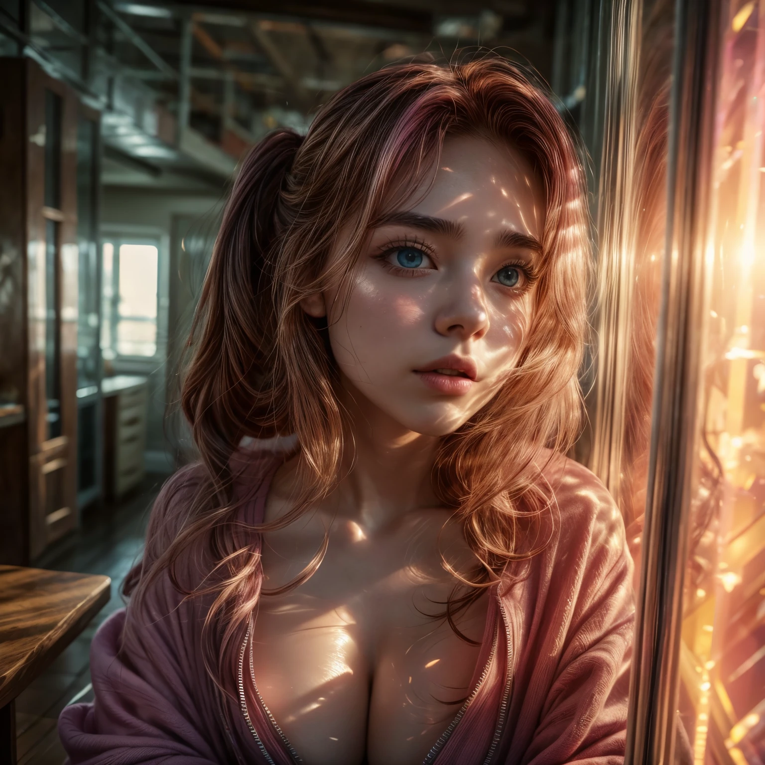 (awaitingtongue-sd-v1-800:1.1), a beautiful Pink hair gamer girl,beautiful detailed Blue eyes,beautiful detailed lips,extremely detailed eyes and face,longeyelashes,in a Yellow hoodie,leaning into the camera,(Professional photo from front above:1.24), Huge breasts (Overflowing Gigantic cleavage:1.28) down blouse, awaitingtongue