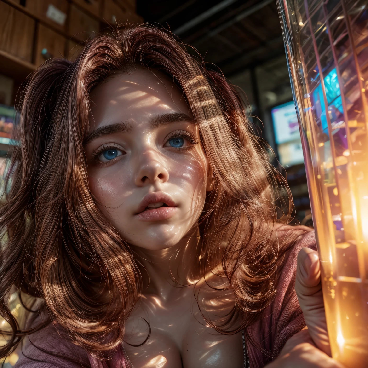 (awaitingtongue-sd-v1-800:1.1), a beautiful Pink hair gamer girl,beautiful detailed Blue eyes,beautiful detailed lips,extremely detailed eyes and face,longeyelashes,in a Yellow hoodie,leaning into the camera,(Professional photo from front above:1.24), Huge breasts (Overflowing Gigantic cleavage:1.28) down blouse, awaitingtongue