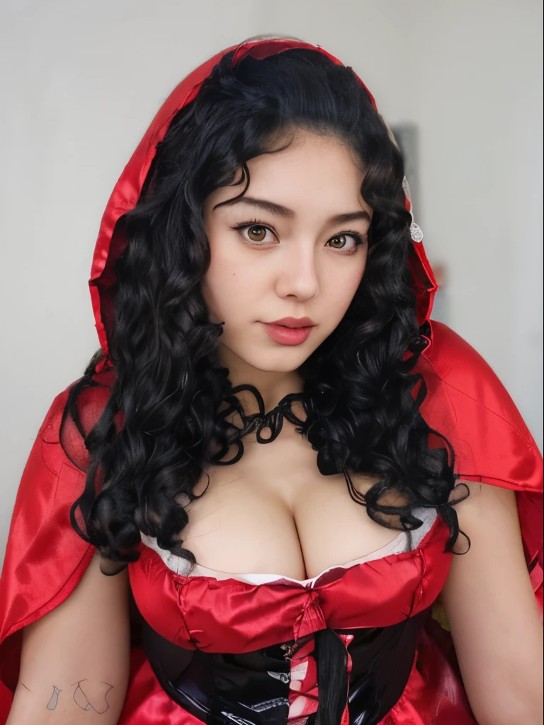 Hentai anime style woman with curly hair, dressed as little red riding hood