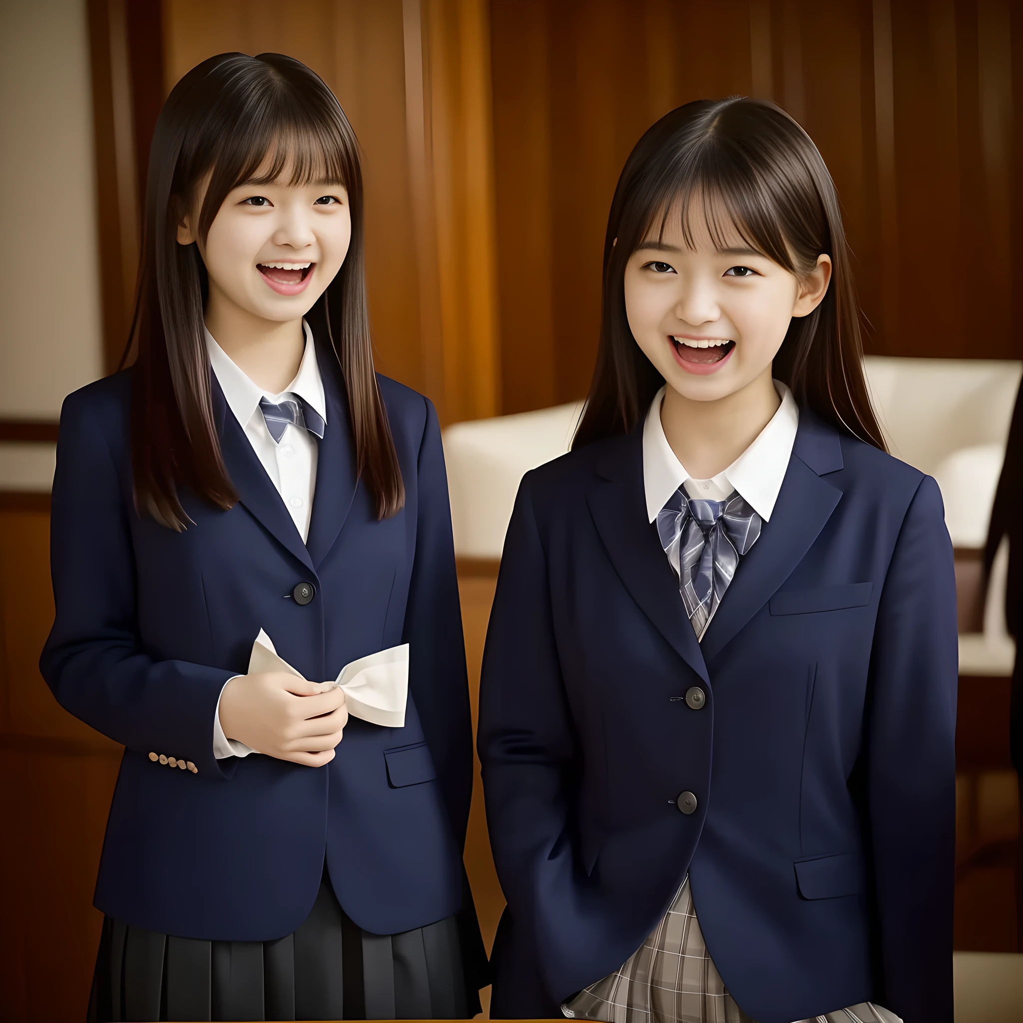 (highest quality、masterpiece:1.2)、highest quality、Realistic、photograph、High resolution、1080p、8K、The face is especially pale., Physical Rendering、((Height: 155cm)), one Japanese girl、((((((Siren, a -yeld beiful Japanese magazine fashion model, is trying to grab the viewer with both hands and play a prank on him.)))))), School uniforms worn by popular beautiful fashion models, (((big very detailed beautiful dark brown eyes))), ((blue girly large wine-red glossy polyester Japanese school ribbon bow tie)), (((black very beautiful and very very long braids hair))), ((((deep blue colored tartan checkered formal long pleated blue pleated skirt)))), ((A unpatterned formal dark blue blazer in solid that is slightly oversized and has an emblem on the left chest.)), (((((((laughing at me!))))))), Mouth open, The large blazer and skirt are very cute., detailed fingers, ((curled bangs)), so beautiful, ((Very large and very very very cute eyes of a Japanese girl, drawn with great care and attention to detail.)), double eyelids, Thin eyebrows, ((drooping eyes)), (((very long eyelashes))), ((cute lovely lovely laughing laughing cheeks)), ((Pure white light hits her face from above and in the front, making her skin and eyes shine beautifully.)), ((Strong light hits the nose and cheeks、It brings out the richness of the expression.)), (((((Her face is expressive, pure, very cute and intelligent.))))), ((tilting one's head))