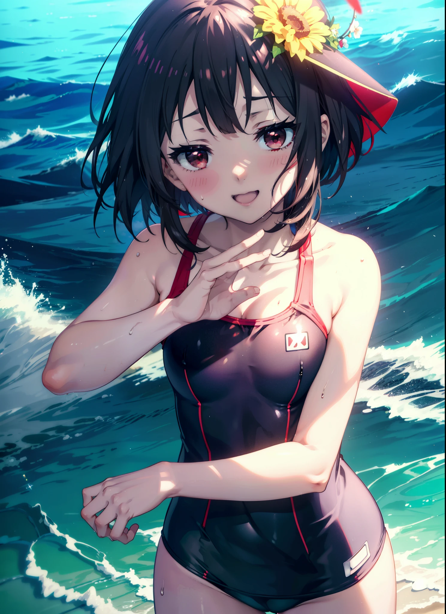 konosubaMegumin, Megumin, short hair, Black Hair, (Red eyes:1.3), short hair with long locks,happy smile,smile, Open your mouth, School Swimsuit,Water Play,Wet Hair,Wet Skin,Wet swimsuit,whole bodyがイラストに入るように,True Summer,Clear skies,Daytime, break outdoor, Beach,Sandy Beach, break looking at viewer, whole body, (Cowboy Shot:1. 5), break (masterpiece:1.2), Highest quality, High resolution, unity 8k wallpaper, (figure:0.8), (Beautiful attention to detail:1.6), Highly detailed face, Perfect lighting, Highly detailed CG, (Perfect hands, Perfect Anatomy),