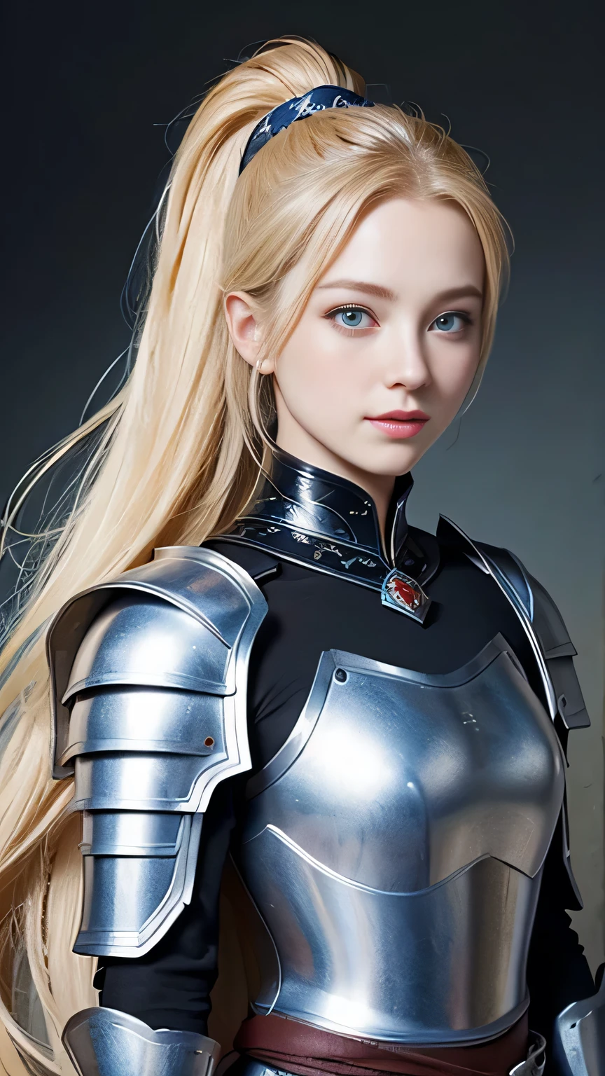 Highest quality、masterpiece、Delicate and beautiful face、Eye and facial details、female knight、Beautiful woman、Black clothes、Cosplay、Medieval European Background、Textured skin、Super Detail、Attention to detail、Blonde、Blue Eyes、smile、ponytail、Different world