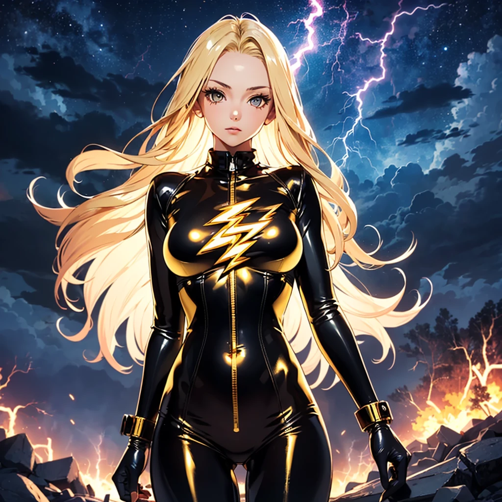 Top-quality, best quality, masterpiece, 1girl(18 years old, long blonde hair, golden eyes, medium breasts, slender body), full latex bodysuit(jet black, gold highlights, gold lightning symbol on chest), background(dark clouds, night sky, lightning strikes behind model)