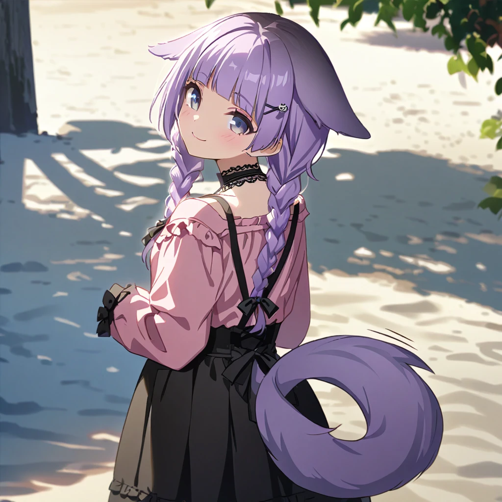  (Cute a girl:1.5), (a girl with closs hair pin, pale purple hair, wavy two braids, blunt bangs hair, green and black eyes, closs hair pin,
pink shirt,cosplay, jirai kei, bangs, black skirt, black bow, looking at viewer, bow, long sleeves, choker, ribbon, with Dog droopy ears,:1.4), anime visual, (tilt head:1.3), realistic lighting and shading, (an extremely delicate and beautiful art:1.3),From behind, looking back and wagging its tail.cowboy shot,Sandy Beach,outdoor,The girl is smiling、