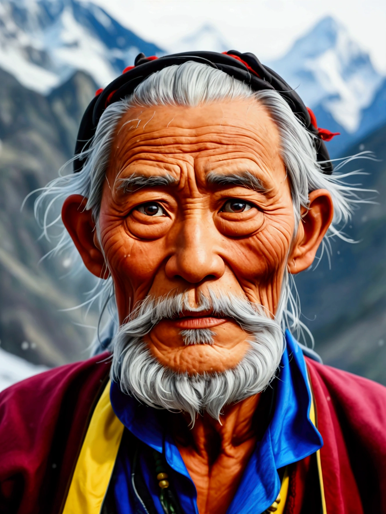 Elderly Tibetan man,Gray hair,Full of vicissitudes,Deep wrinkles,Snow mountain in the background,Yak,reality,HD Photography。