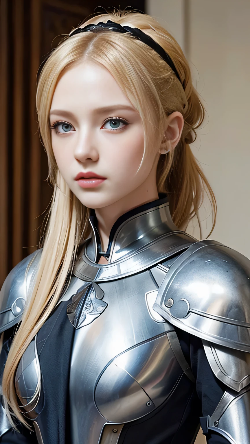 Highest quality、masterpiece、Delicate and beautiful face、Eye and facial details、female knight、Beautiful woman、Black clothes、Cosplay、Medieval European Background、Textured skin、Super Detail、Attention to detail、Blonde、Blue Eyes、Crying face、ponytail