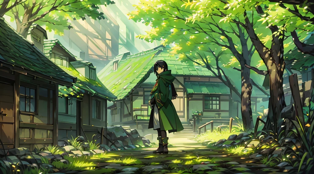 yuichiro hyakuya girl, (WithoutFear:1), 1 girl, black hair, green eyes, brown coat, gray armor, elves, sylvan, green shield, green cloak, dark brown gloves, forest, white fur trim, anime, standing, good quality, portrait, looking at viewer
