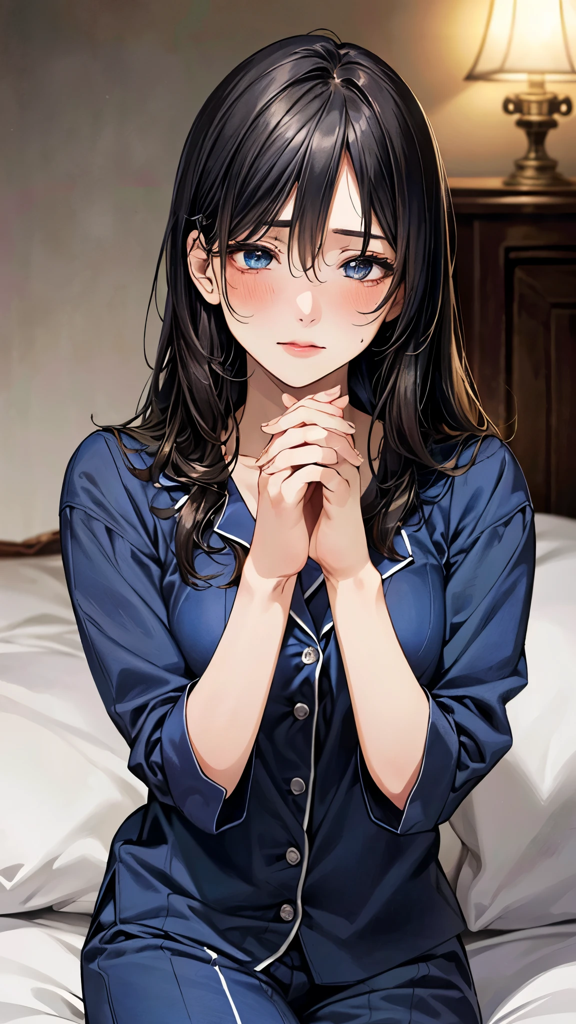 (masterpiece:1.3, top-quality, ultra high res, ultra detailed), (realistic, photorealistic:1.4), beautiful illustration, perfect lighting, colorful, depth of fields,  
beautiful detailed hair, beautiful detailed face, beautiful detailed eyes, beautiful clavicle, beautiful body, beautiful chest, beautiful thigh, beautiful legs, beautiful fingers, 
looking away, (face focus, upper body), 1 girl, high school girl, (perfect ???????, anatomically correct, super detailed skin), perfect face, perfect eyes, cute and symmetrical face, babyface, 
(long hair:1.5, messy hair, black hair), hair between eyes:0.7, marine blue eyes, slant eyes, big eyes, long eye lasher, (medium breasts, seductive thighs), slender, shiny skin, glowing skin, 
(navy pajama set), 
(beautiful scenery), evening, (bedroom:1.2), kneeling, (own hands clasped), (embarrassed, upper eyes),