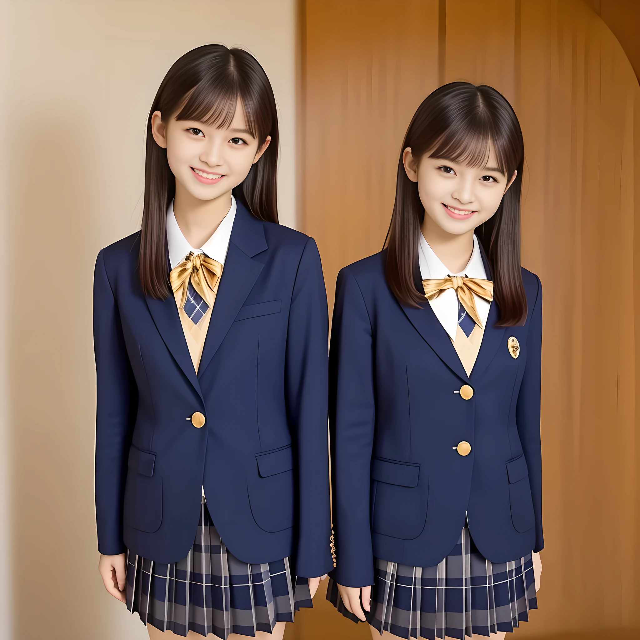 (Highest quality, masterpiece:1.2), Highest quality, High resolution, 1080P, 8k, height: 158cm, ((A noble, graceful and intelligent girl who looks like a best fat proportion Japanese young lady is turning around and giggling in a strong wind)), ((So sweet, very noble, neat, and pretty Japanese beautiful cute girl)), ((A real, very girly, sweet, cute and noble girl)), ((((A 14yo beautiful Japanese cute fashion model)))), ((((Very pure white face and limbs)))), Glossy Lips, (Evenly cut bangs), ((Very beautiful, droopy, cute, pure, noble brown eyes)), ((Super long, black straight hair that reaches the floor)), (Very shiny, glossy Lips), ((Beautiful straight hair like a school promotion model)), Watch at you, ((Incredibly well organized, Rich facial expressions)), ((Plump and beautiful white skin and face)), ((Pure, clear, gentle brown eyes)), ((staring at me)), Glossy Lips, ((noble and elegant)), Very beautiful blue skirt, ((Large upward-curving lips)), White Hand, ((((Navy Japanese school blazer with noble golden emblem)))), ((Navy and sapphire blue Japanese school uniform)), ((Light-blue tartan check pattern pleated long skirt)), ((Cobalt blue string chest ribbon)), ((((An ecstatic expression of boundless joy)))), ((plain white background: 1.0)), ((perfect fat body)), (((hair beauty magazine for young girls))), (Double eyelids, graceful noble eyes and faces with well balanced and carefully detailed:1.6)