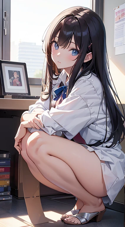 masterpiece highest quality high resolution、(((Angle from below the front))),Attractive office lady,28 years old,Long Hair, Sit with your knees hugged、eight-headed body、Beautiful feet 、(White panties:1.3),On the office floor、Embarrassing,Anime girl sitting on the office floor hugging her knees, a hyperRealistic office lady, Anime girl crouching, Beautiful cute girl anime visuals, Beautiful anime girl crouching, Smooth anime CG art, Realistic
