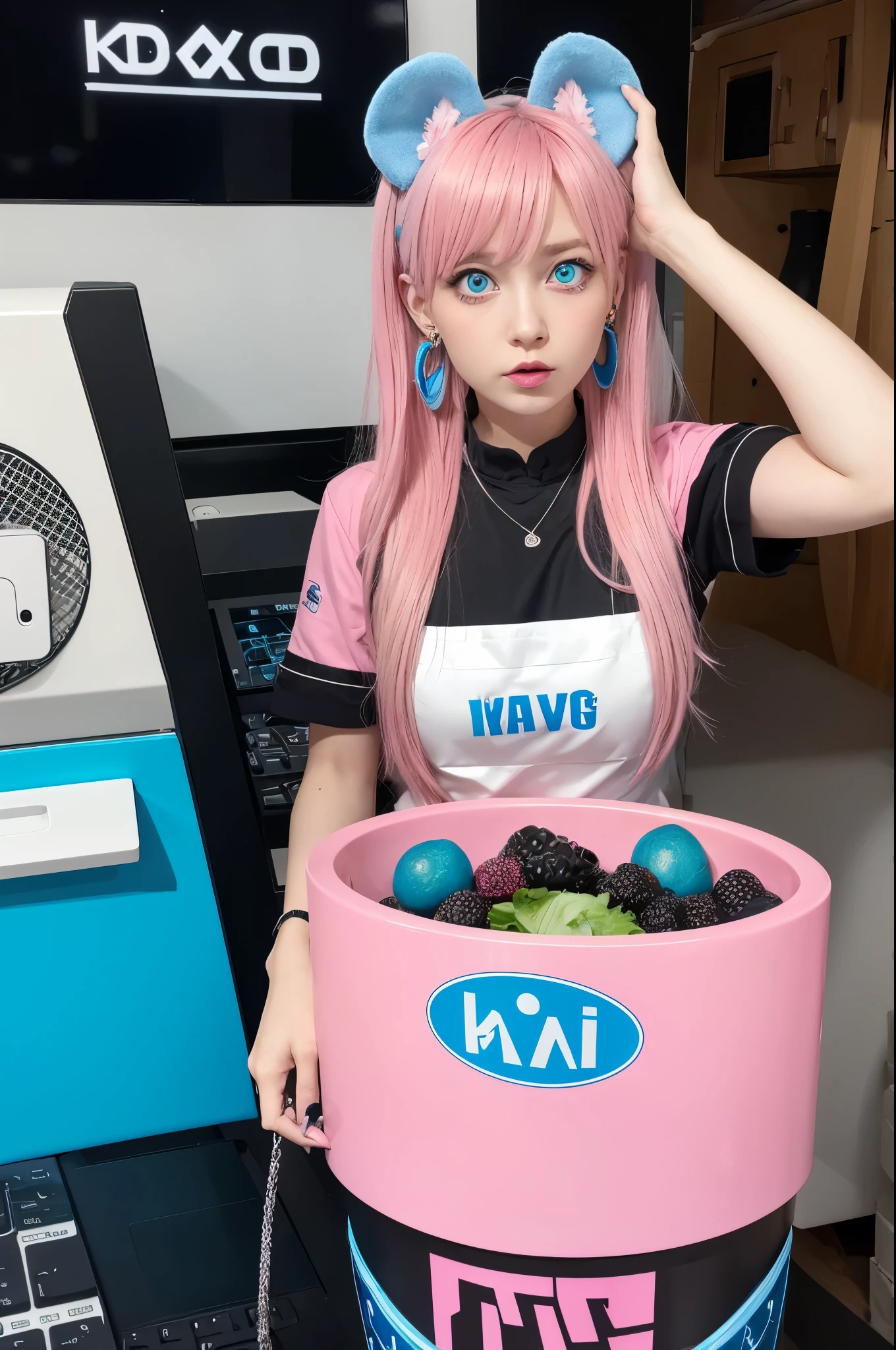 Mika Pikazo, One girl, blue eyes, blue Foodie, computer, Earrings, Food, Foodie, jewelry, keyboard (computer), logo, logo parody, mouse (computer), Variegated eyes, Pink Hair, trash can, alone, White Background, Yellow Eyes, ,