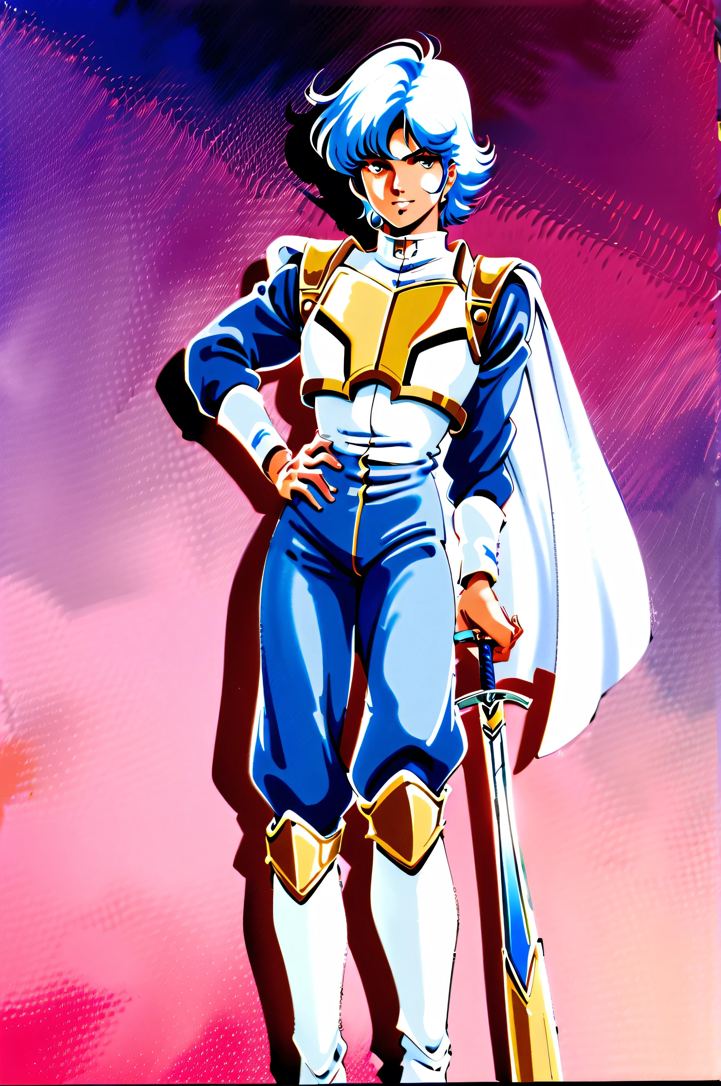 1guy, 1980s (style), retro artstyle, short hair, light blue hair, solo, white cape, breastplate with shoulder armour, white breastplate, white waist armour, white boots, hand on hilt, planted sword, holding sword, white sword, dark blue pants, long sleeves, dark blue sleeves, traditional media, watercolor (medium), full portrait, looking at viewer, futuristic background