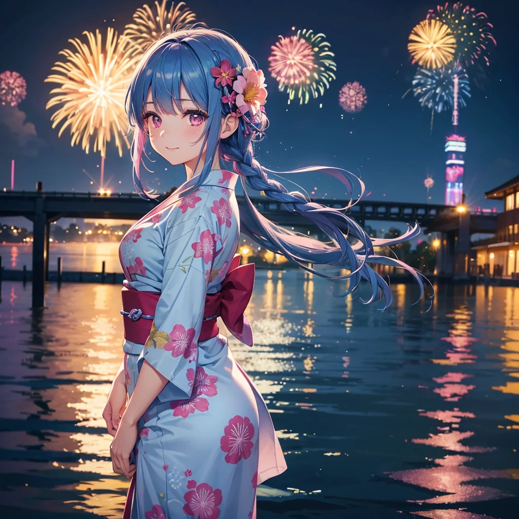 Sky Blue Medium Hair, (Straight braided hair),(Pink Eyes),Fair skin ,(whole body),(1 girl)、Floral Yukata、summer night、Fireworks on the lake、Big fireworks、A happy smile、Straight bangs,(masterpiece, Highest quality, Very detailed, Best Shadow), (Detailed Background), (Beautifully detailed face), High Contrast, (Best lighting, Very delicate and beautiful), ((Cinematic Light)), colorful, Hyper Detail 8k, Dramatic Light, Intricate details,Fireworks light reflected on the water