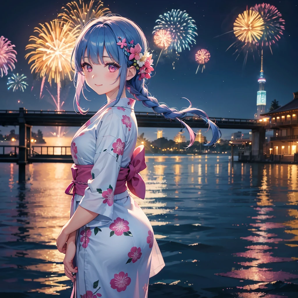 Sky Blue Medium Hair, (Straight braided hair),(Pink Eyes),Fair skin ,(whole body),(1 girl)、Floral Yukata、summer night、Fireworks on the lake、Big fireworks、A happy smile、Straight bangs,(masterpiece, Highest quality, Very detailed, Best Shadow), (Detailed Background), (Beautifully detailed face), High Contrast, (Best lighting, Very delicate and beautiful), ((Cinematic Light)), colorful, Hyper Detail 8k, Dramatic Light, Intricate details,Fireworks light reflected on the water