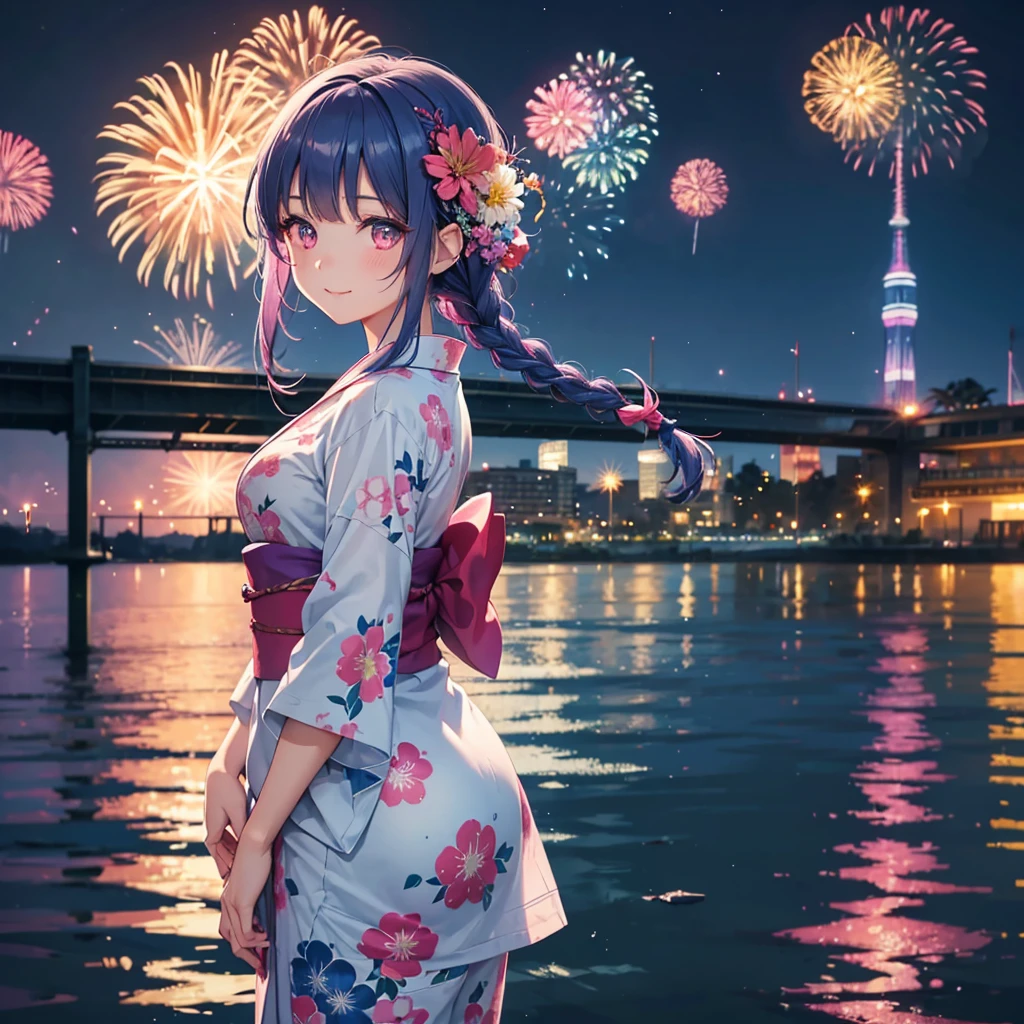 Sky Blue Medium Hair, (Straight braided hair),(Pink Eyes),Fair skin ,(whole body),(1 girl)、Floral Yukata、summer night、Fireworks on the lake、Big fireworks、A happy smile、Straight bangs,(masterpiece, Highest quality, Very detailed, Best Shadow), (Detailed Background), (Beautifully detailed face), High Contrast, (Best lighting, Very delicate and beautiful), ((Cinematic Light)), colorful, Hyper Detail 8k, Dramatic Light, Intricate details,Fireworks light reflected on the water