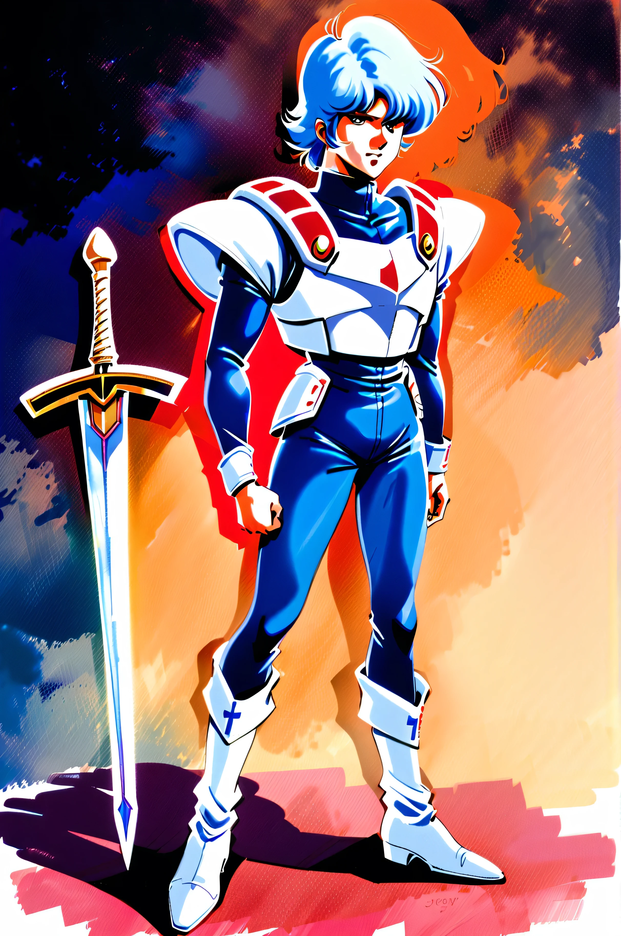 1guy, 1980s (style), retro artstyle, short hair, light blue hair, solo, white cape, breastplate with shoulder armour, white breastplate, white waist armour, white boots, hand on hilt, planted sword, holding sword, white sword, dark blue pants, long sleeves, dark blue sleeves, traditional media, watercolor (medium), full portrait, looking at viewer, futuristic background