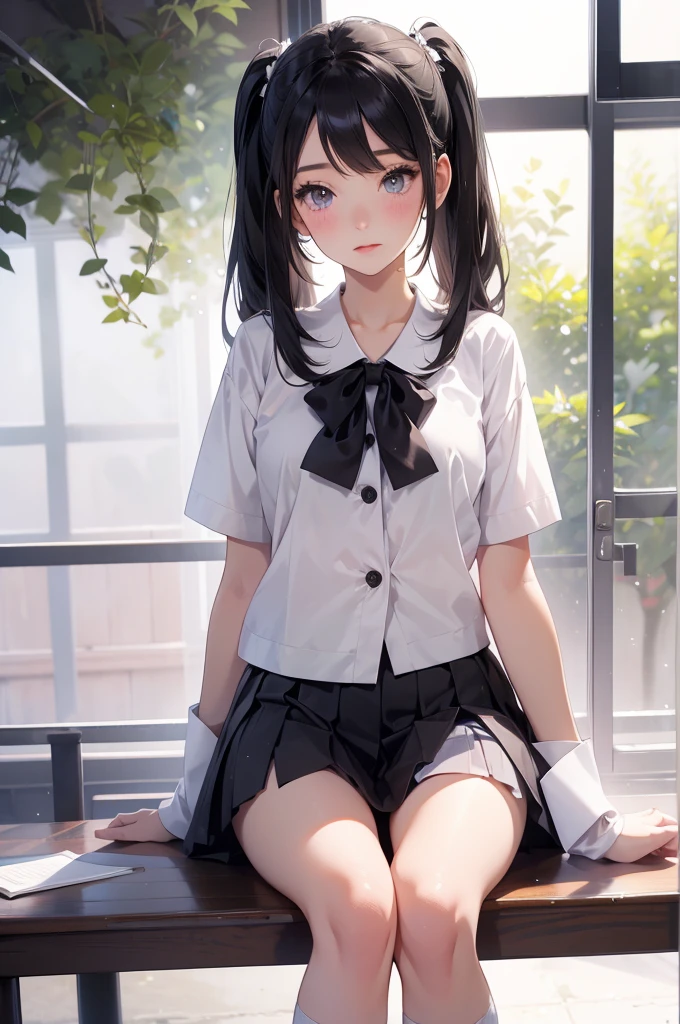 Short skirt, White panties,Cute school girl, Japanese Uniform,Black socks,whole body,