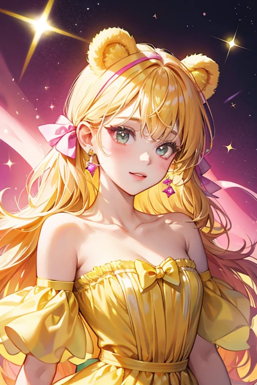 A glittering yellow gummy GIRL bear with a basic face, bear ears and a fuchsia bow on the left ear. SPARKLE; GLITTER
