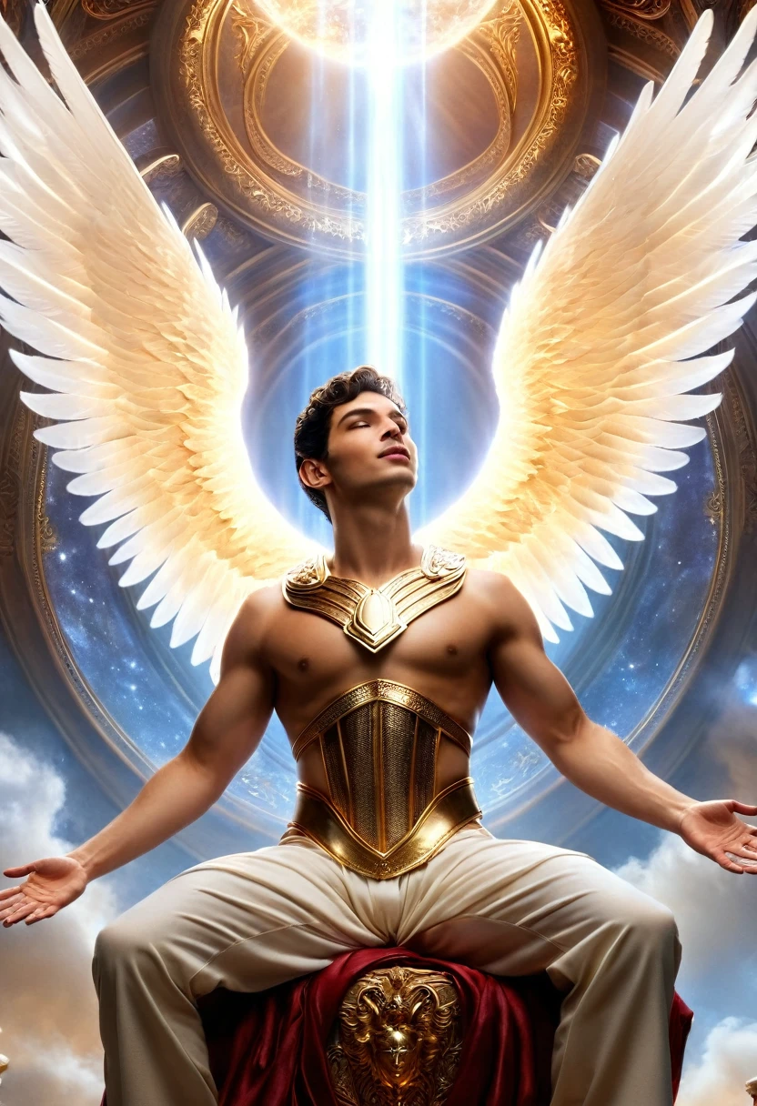 A majestic and ethereal image of the god Mercury hovering in the air, whispering words to a young man seated before him. the young man is lost in his thought. The scene is depicted in an epic, realistic, and fantastical style. The god is portrayed with intricate details: his flowing robes shimmering in iridescent hues, his face exuding wisdom and power, and his wings glowing with an otherworldly light. This captivating painting captures the essence of divine communication in a vivid and mesmerizing way, showcasing the artist's exceptional talent and attention to detail.