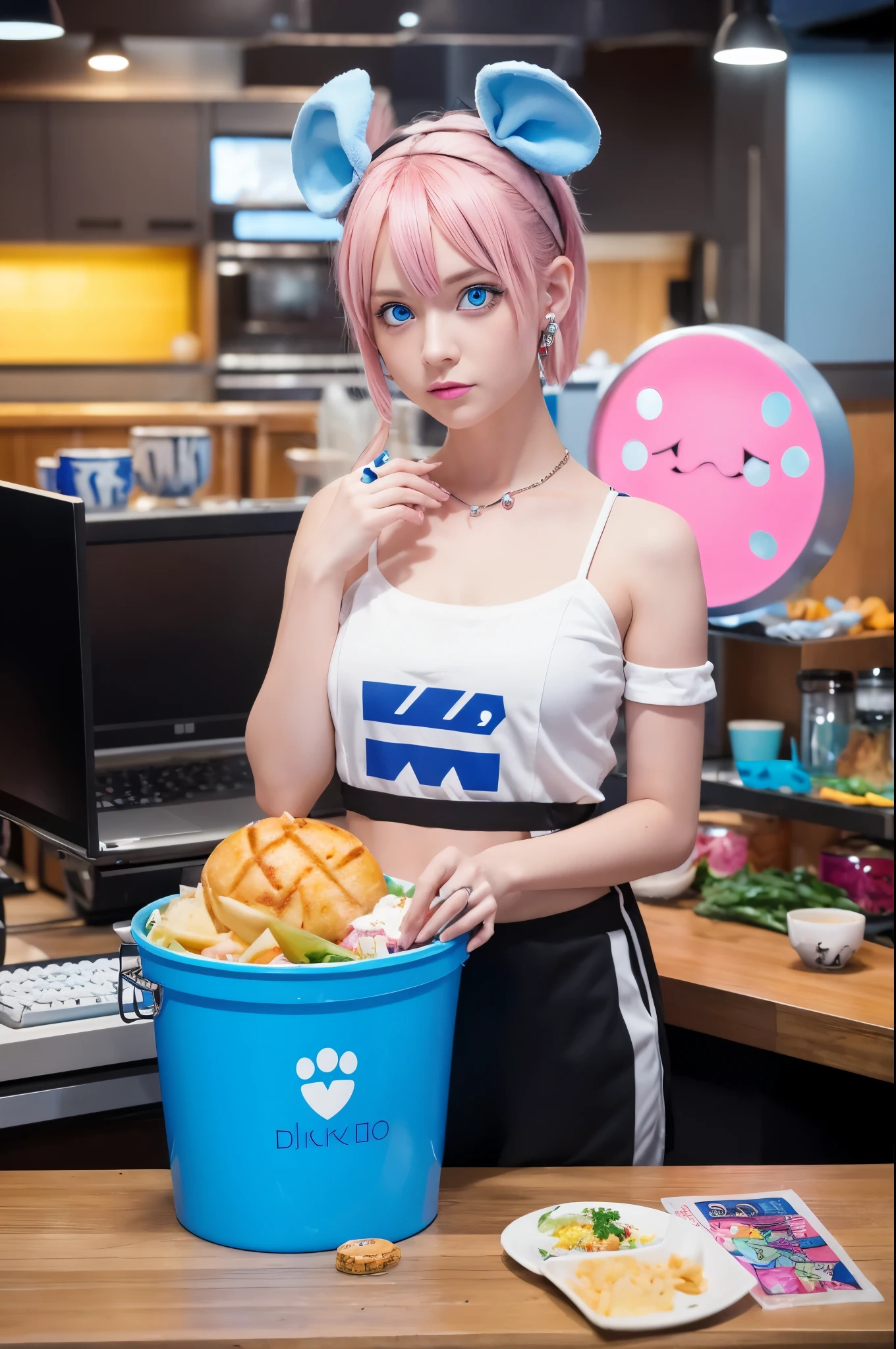 Mika Pikazo, One girl, blue eyes, blue Foodie, computer, Earrings, Food, Foodie, jewelry, keyboard (computer), logo, logo parody, mouse (computer), Variegated eyes, Pink Hair, trash can, alone, White Background, Yellow Eyes, , 