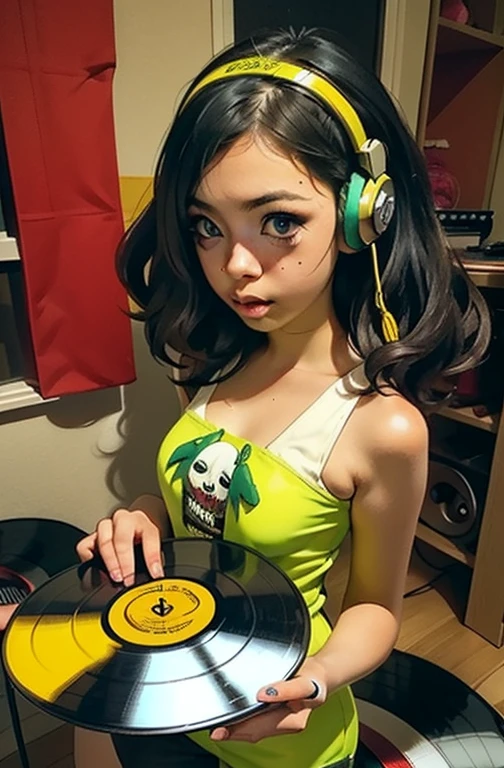 ((18-year-old punk girl)),((Green and yellow British punk fashion:1.5)),(light black hair:1.5、Messy permed hair)Studded clothing、((Holding a record:1.5))、((He has a big speaker on his back))、（Narrow and small eyes）,Wacky makeup、Breast augmentation, (masterpiece), (High resolution), (Very delicate), nightmare, Doll-like face, Manga style, Horror elements, Comic style illustration, Japanese painting, phantom, (Spooky), Japan sculpture, crazy illustration, antique, Dark atmosphere, Flat Illustration,Spookyな外観, Unique atmosphere、music、live house、Headphones
