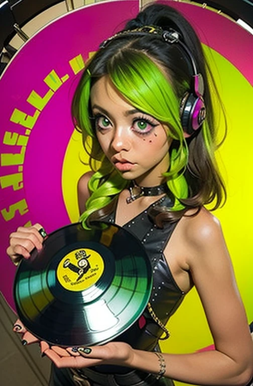 ((18-year-old punk girl)),((Green and yellow British punk fashion:1.5)),(light black hair:1.5、Messy permed hair)Studded clothing、((Holding a record:1.5))、((He has a big speaker on his back))、（Narrow and small eyes）,Wacky makeup、Breast augmentation, (masterpiece), (High resolution), (Very delicate), nightmare, Doll-like face, Manga style, Horror elements, Comic style illustration, Japanese painting, phantom, (Spooky), Japan sculpture, crazy illustration, antique, Dark atmosphere, Flat Illustration,Spookyな外観, Unique atmosphere、music、live house、Headphones
