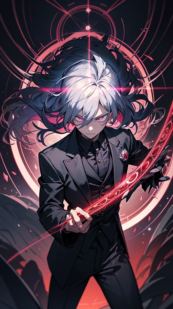 An anime-style illustration of a man in a suit with gray hair. He is holding a glowing ruby in one hand, with a glowing magic circle surrounding him. The man's expression is intense, with sharp, piercing eyes and narrow pupils. The scene is dimly lit, with the only sources of light being the ruby and the magic circle, creating a dramatic contrast. The illustration should depict the man's full body, emphasizing the details of his suit and the mystical elements. Ensure the image is high resolution and high definition, capturing the intricate details and creating a masterpiece with a dark, magical atmosphere.