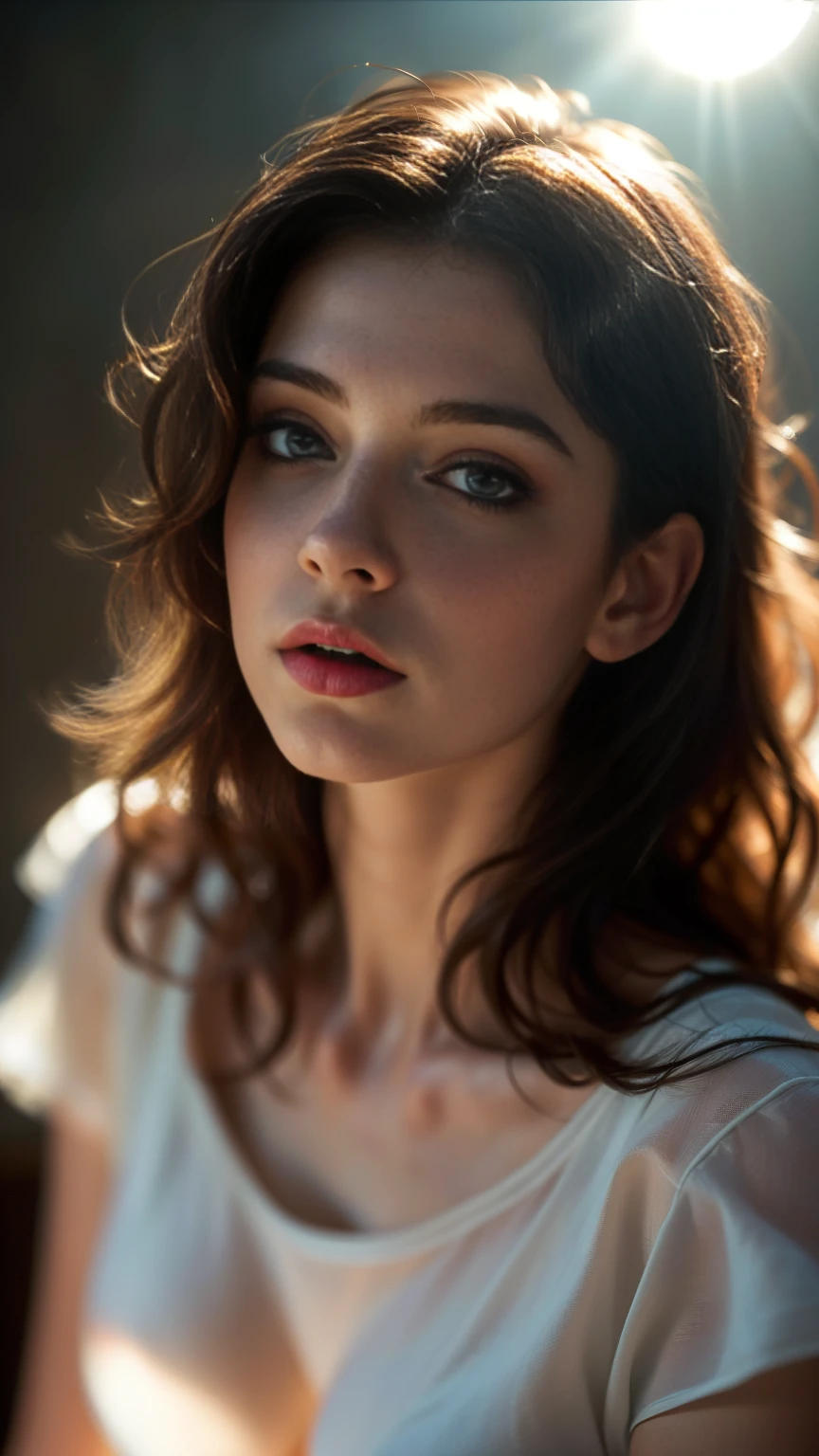 (((ultra realistic))) Photo, masterpiece, top quality, (pale skin), (Ultra detailed face and eyes:1.3), 1 girl, Adult, in a T-shirt, full body, (Eye makeup, mascara) , ((large detailed lips)), ((ash wavy hair)), ((Chyolka)) , (Natural breasts), Slim waist. ((Posing)), photoshoot, studio (soft lighting), (The play of light and shadows), depth of field, bokeh, (special attention to skin detail: 1.2), Detailed leather texture, skin pores. (Airy atmosphere of the frame. Color range - delicate, Bright, white, Pink tones), UDR, ((Film grain)), ((rays)), ((glare of the sun)), ((waist up portrait, close to the camera)) , ultra detialed,